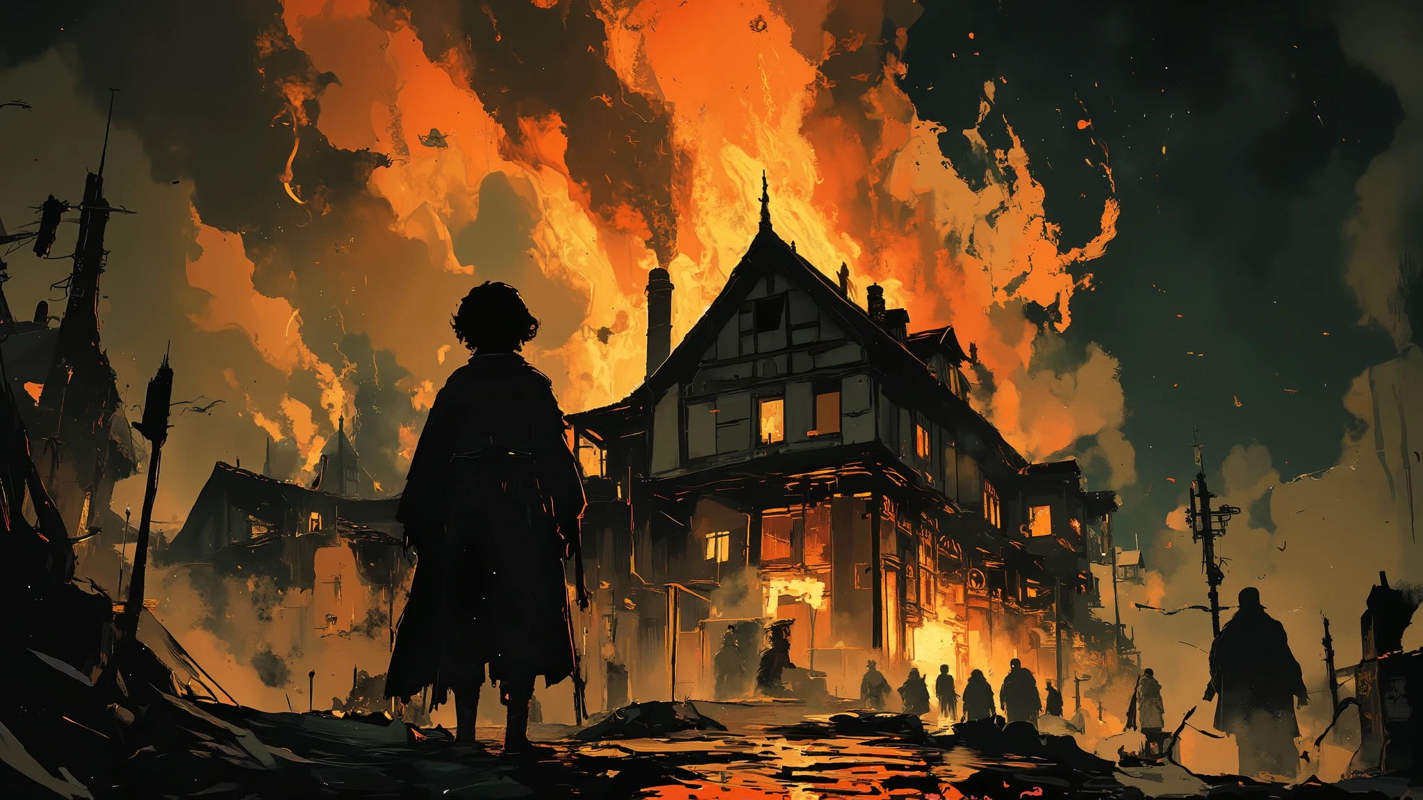 "A massive medieval manor consumed by roaring flames, the inferno casting a blinding orange glow against the dark night sky. Towering pillars of fire devour the wooden structure, causing beams to collapse with deafening cracks, sending embers swirling into the air like fireflies of destruction. Thick, black smoke billows skyward, twisting into the cold wind, partially obscuring the distant silhouettes of terrified villagers fleeing in panic. In the background, shadowy cloaked figures stand motionless, their faces shrouded beneath deep hoods, watching the devastation unfold with an eerie, silent presence.
In the foreground, a young stands trembling, his back to the viewer, facing the burning house. His small frame is covered in soot and ash, his tattered cloak clutched tightly in dirt-streaked hands. His wide, tear-filled eyes reflect the blaze, capturing a moment of raw terror and helplessness. Streaks of clean skin cut through the grime on his face where tears have fallen. His breath is visible in the frigid night air, shallow and uneven.
The cinematic composition creates a striking contrast between the chaotic, blinding flames and the deep, encroaching darkness surrounding the . The air is thick with smoke and ash, blurring the line between reality and nightmare. Every ember, every wisp of smoke, and every trembling motion of the is rendered in hyper-detail. Ultra-HD, 4K resolution, volumetric lighting, cinematic depth of field, dramatic storytelling, high-quality dark fantasy realism. The scene radiates despair, fear, and an impending sense of doom, immersing the viewer in a powerful, haunting moment of tragedy.