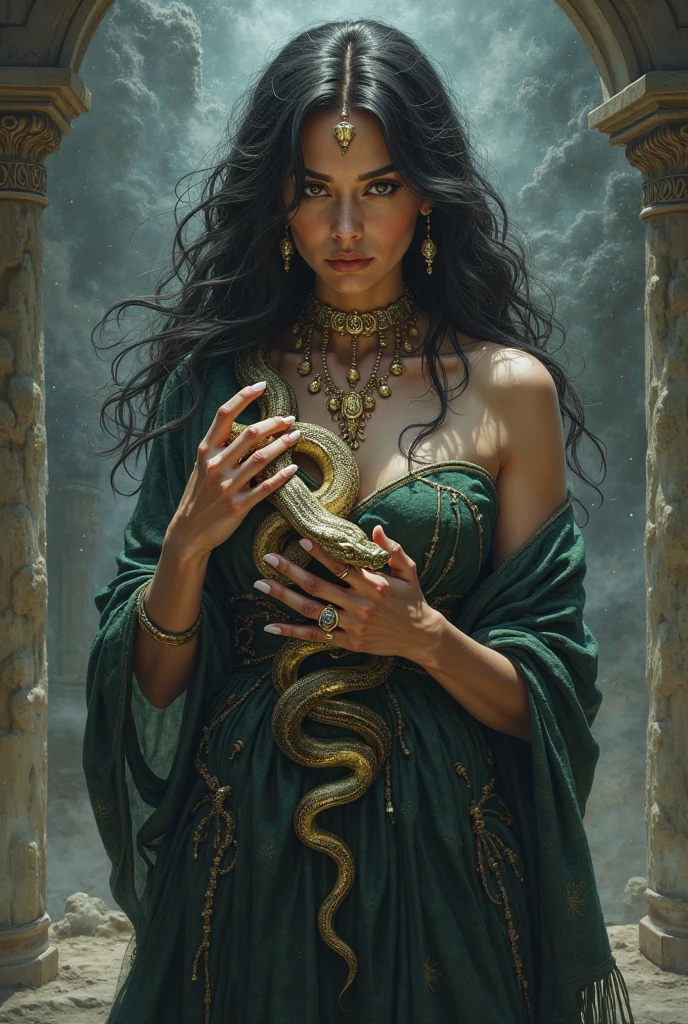 A high-quality, whimsical digital artwork in the style of pinksoftcoreanime, 
A regal woman with long, dark ebony hair and piercing golden eyes, draped in silk embroidered with golden filigree. A massive golden snake coils protectively around her shoulders, its scales gleaming in the warm candlelight of an ancient temple adorned with mystical symbols.