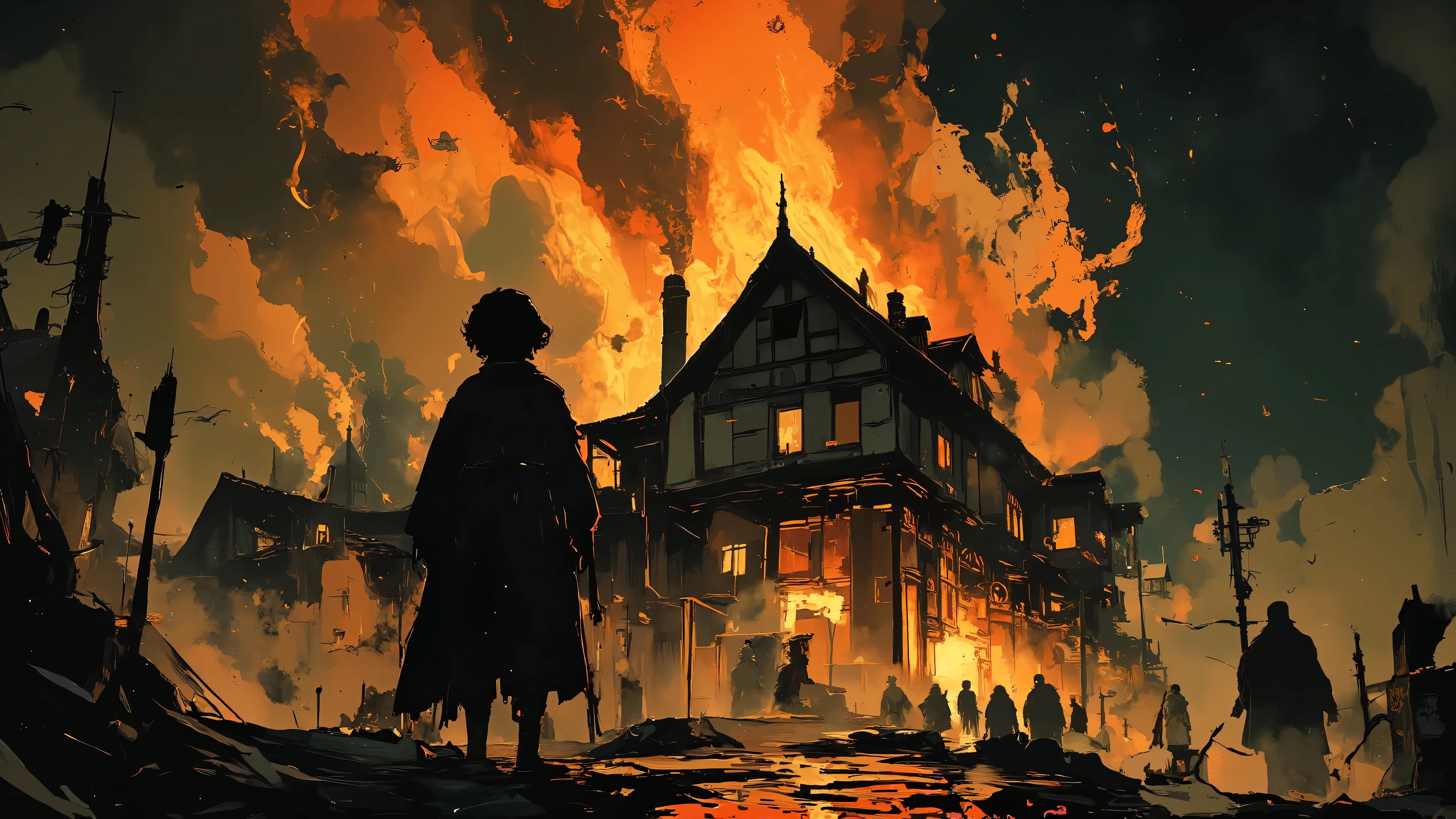 "A massive medieval manor consumed by roaring flames, the inferno casting a blinding orange glow against the dark night sky. Towering pillars of fire devour the wooden structure, causing beams to collapse with deafening cracks, sending embers swirling into the air like fireflies of destruction. Thick, black smoke billows skyward, twisting into the cold wind, partially obscuring the distant silhouettes of terrified villagers fleeing in panic. In the background, shadowy cloaked figures stand motionless, their faces shrouded beneath deep hoods, watching the devastation unfold with an eerie, silent presence.
In the foreground, a young stands trembling, his back to the viewer, facing the burning house. His small frame is covered in soot and ash, his tattered cloak clutched tightly in dirt-streaked hands. His wide, tear-filled eyes reflect the blaze, capturing a moment of raw terror and helplessness. Streaks of clean skin cut through the grime on his face where tears have fallen. His breath is visible in the frigid night air, shallow and uneven.
The cinematic composition creates a striking contrast between the chaotic, blinding flames and the deep, encroaching darkness surrounding the . The air is thick with smoke and ash, blurring the line between reality and nightmare. Every ember, every wisp of smoke, and every trembling motion of the is rendered in hyper-detail. Ultra-HD, 4K resolution, volumetric lighting, cinematic depth of field, dramatic storytelling, high-quality dark fantasy realism. The scene radiates despair, fear, and an impending sense of doom, immersing the viewer in a powerful, haunting moment of tragedy.