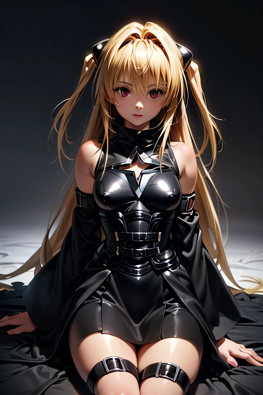 perfect anatomy top quality,highest resolution,(((shiny black dress shiny blond hair shiny skin))) ToLOVEru golden darkness girl