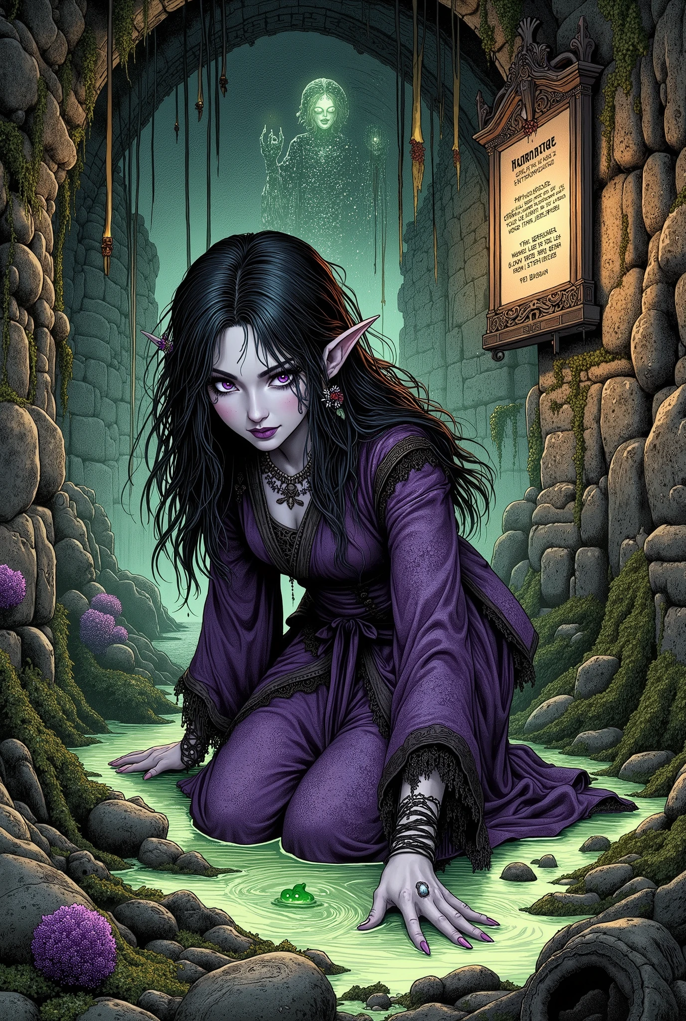 (Ultra-detailed face, Looking away, Gothic Illustration, Dark tone colors. She has five fingers on her hands and five toes on her feet.), BREAK
(A sewer ditch in a medieval European city. Dirty mossy stone walls, garbage strewn floors and sewage flowing down the sewers. Sewage seeps from the walls and ceiling. A torch hanging on the wall dimly illuminates the room. A neon frame and the headline "Arcane Ooze" are painted at the top of the screen, with a few lines of explanation written below in English letters.), BREAK
(A female dark elf archmage, her bold body in a lowered position, reaches for a slime-like arcane ooze, a thin, glowing greenish slime that stirs on the floor.), BREAK
(She has jet-black hair, dark gray eyebrows, long wispy messy hair that stretches down her back, small pink lips, lavender eyes, clear white skin, and thick eyeliner.), (She wears a necklace with multiple strings of charms, a Japanese kimono-like dress of dark purple silk fabric with black lace ruffles and embroidered bright purple wisteria flowers. She wears sandals with woven thin strings.)
