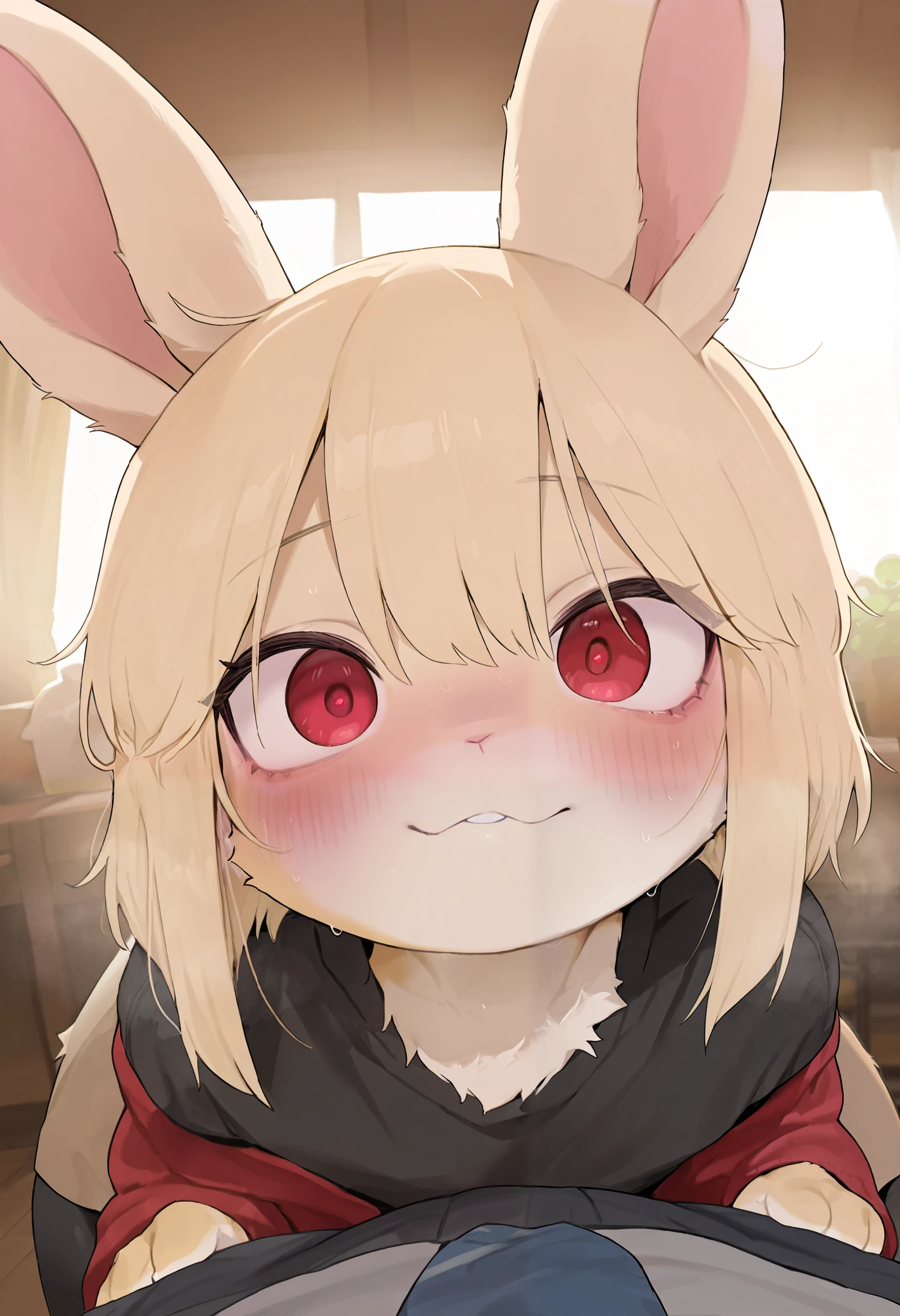 masterpiece,best quality,amazing quality,very aesthetic,high resolution,ultra-detailed,absurdres,newest,detailed fur, face focus
1boy, rabbit furry, femboy, blonde fur, short hair, side locks, red eyes