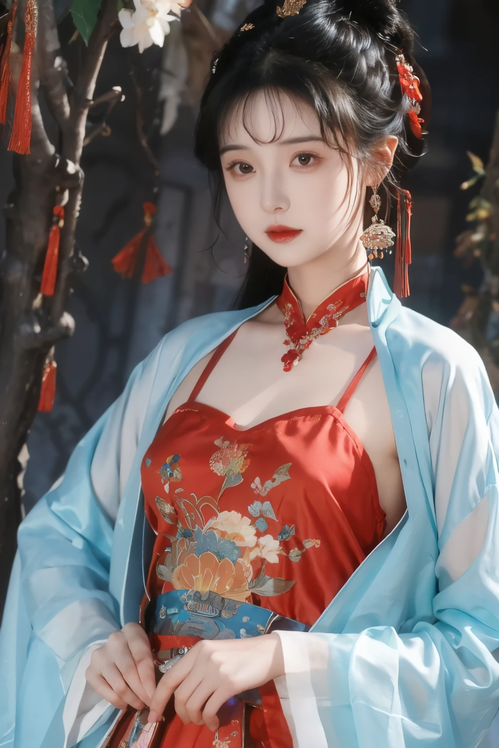 ( masterpiece, Top Quality, best quality, official art, beautiful and aesthetic:1.2), (1 Girl:1.3), flat chest, extremely detailed,(Fractal Art:1.1),(colorful:1.1)(Flowers:1.3),Highest Detail,(dynamic pose), (background:1.3), (traditional Chinese costume:1.2), (Shiny Skin), ( many colors :1.4), ,(earrings:1.1),