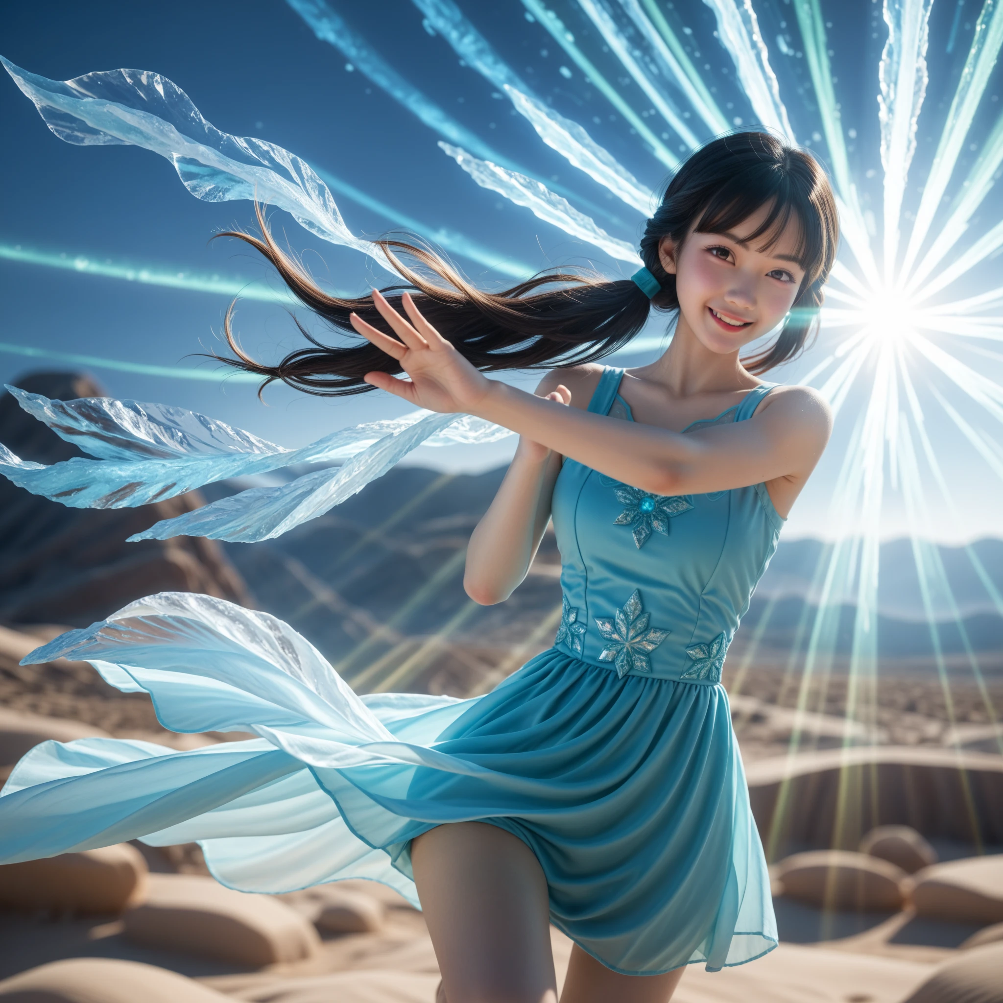 ((abstract and surreal place with vibrant colors that gives the feeling of joy, motivation, satisfaction and knowledge)), clear place, full body shot, 1girl with short ancestral clothes