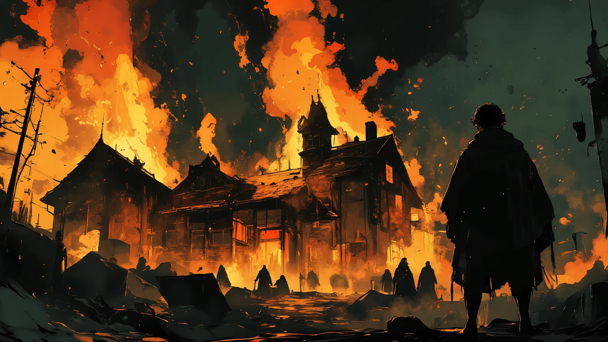 "A massive medieval manor consumed by roaring flames, the inferno casting a blinding orange glow against the dark night sky. Towering pillars of fire devour the wooden structure, causing beams to collapse with deafening cracks, sending embers swirling into the air like fireflies of destruction. Thick, black smoke billows skyward, twisting into the cold wind, partially obscuring the distant silhouettes of terrified villagers fleeing in panic. In the background, shadowy cloaked figures stand motionless, their faces shrouded beneath deep hoods, watching the devastation unfold with an eerie, silent presence.
In the foreground, a young stands trembling, his back to the viewer, facing the burning house. His small frame is covered in soot and ash, his tattered cloak clutched tightly in dirt-streaked hands. His wide, tear-filled eyes reflect the blaze, capturing a moment of raw terror and helplessness. Streaks of clean skin cut through the grime on his face where tears have fallen. His breath is visible in the frigid night air, shallow and uneven.
The cinematic composition creates a striking contrast between the chaotic, blinding flames and the deep, encroaching darkness surrounding the . The air is thick with smoke and ash, blurring the line between reality and nightmare. Every ember, every wisp of smoke, and every trembling motion of the is rendered in hyper-detail. Ultra-HD, 4K resolution, volumetric lighting, cinematic depth of field, dramatic storytelling, high-quality dark fantasy realism. The scene radiates despair, fear, and an impending sense of doom, immersing the viewer in a powerful, haunting moment of tragedy.