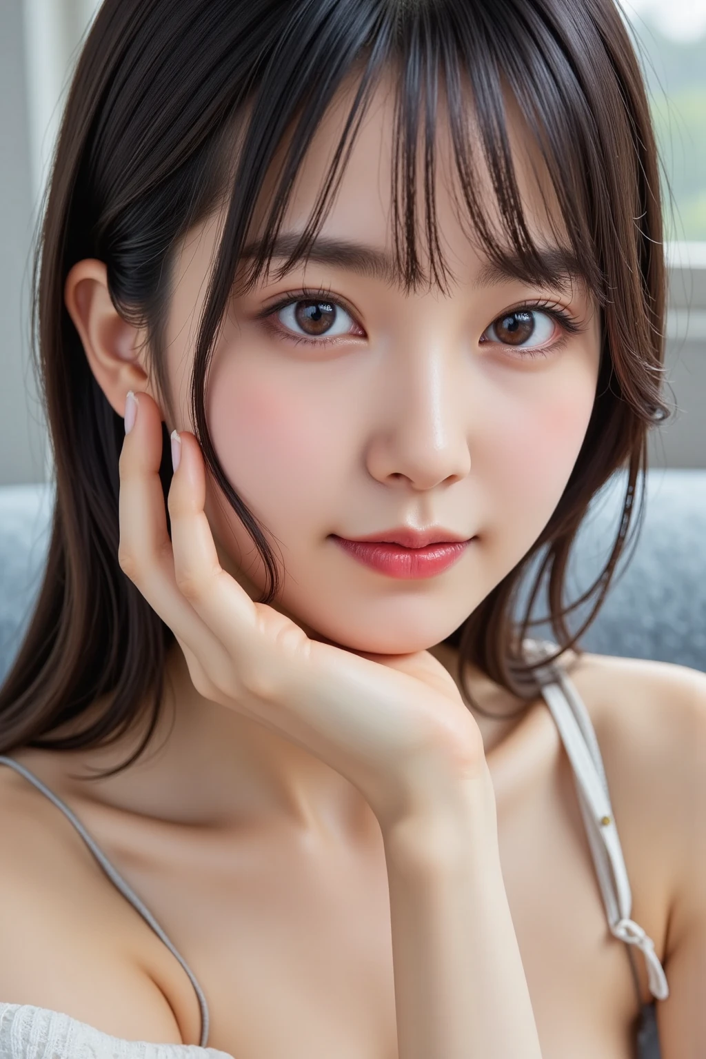 Young japanese lady, 30s, White background, Brown hair, slender, 4K, 8K, High quality, Beauty, Smile, Beautiful eyes, It features a simple, High resolution,1 person