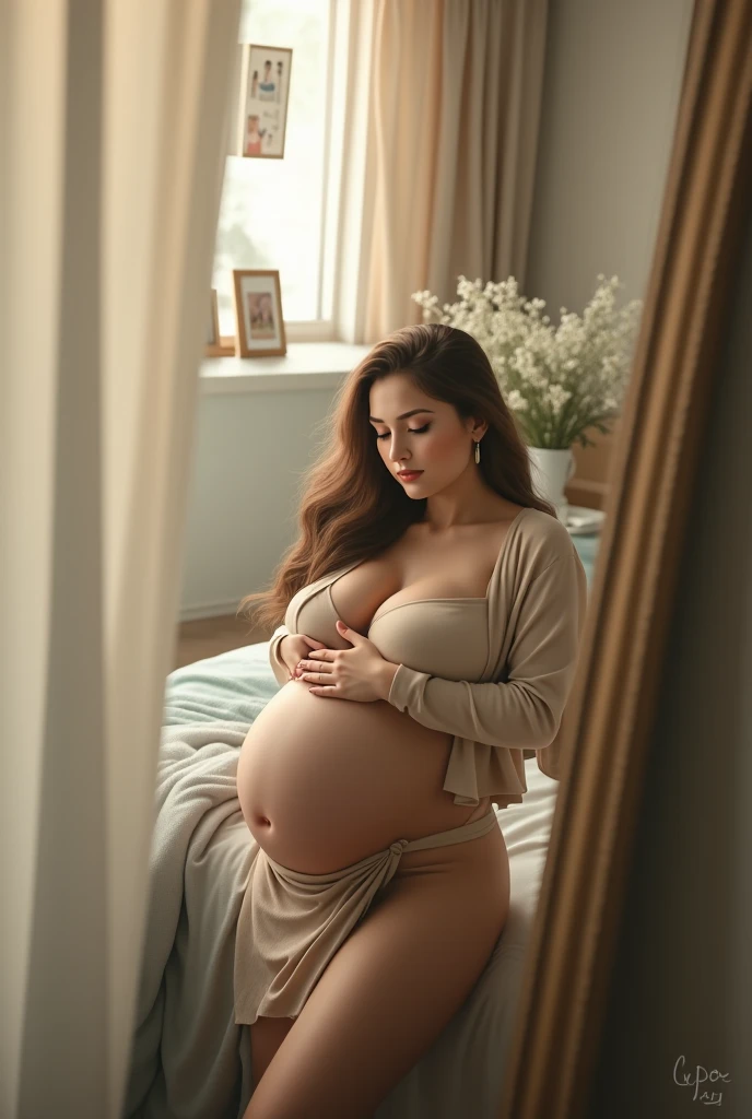 Pregnant woman, indoor, brunett, straight hair, tight dress, huge butt, curvy butt, fat butt, fluffy butt, round hips, fat hips