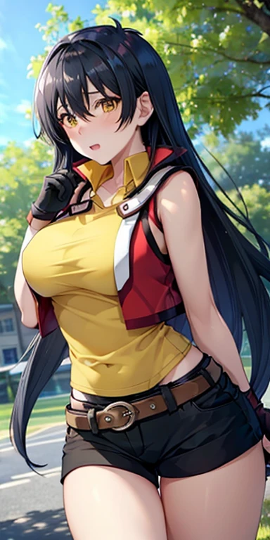 LWA tifa lockhart, 1girl, thick labios, Brazo en alto, Axilas, Nombre del artista, beltt, brown-hair, senos, brown eyes, escote, boca cerrada, 鎖骨, Disparo de vaquero, Recortar arriba, Pendientes, elbow Guantes, Coderas, Guantes, jewely, large senos, labios, Cabello largo, low-tied Cabello largo, diafragma, ombligo, un ojo cerrado, al aire libre, falda, They are smiling, solamente, stomach, tirantes, Camiseta, Parte superior del cuerpo, ((Obra maestra))