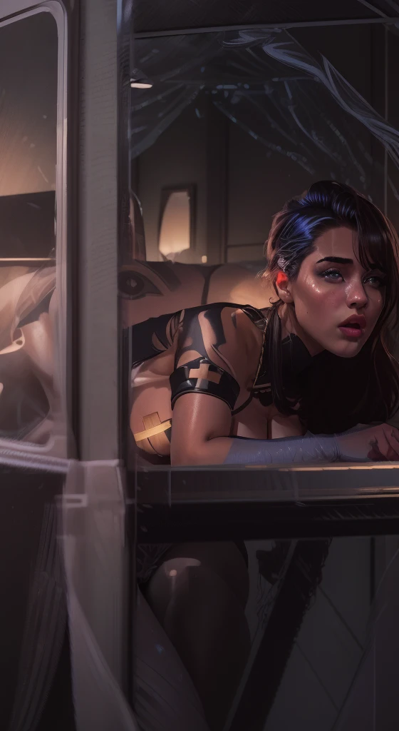 ((gothic vampire piloting in gothic spacecraft)), (((retro anime))), ((from below)), (120 fov), ((((gothic control panels)))), ((mature)), ((gothic)), (iridescent bodysuit), lace accessories, ((pilot seat)), ((((lying back)) pose)), ((elegant)), (((serious tone))), futuristic, ((cockpit top control panel)), intricate control panel details, 1990s (style), [blushing], sweat, masterpiece, ((claustrophobic)), sparkles, limited colors, best quality, screens, ((pilot helmet)), ((hands on controls)), night, space