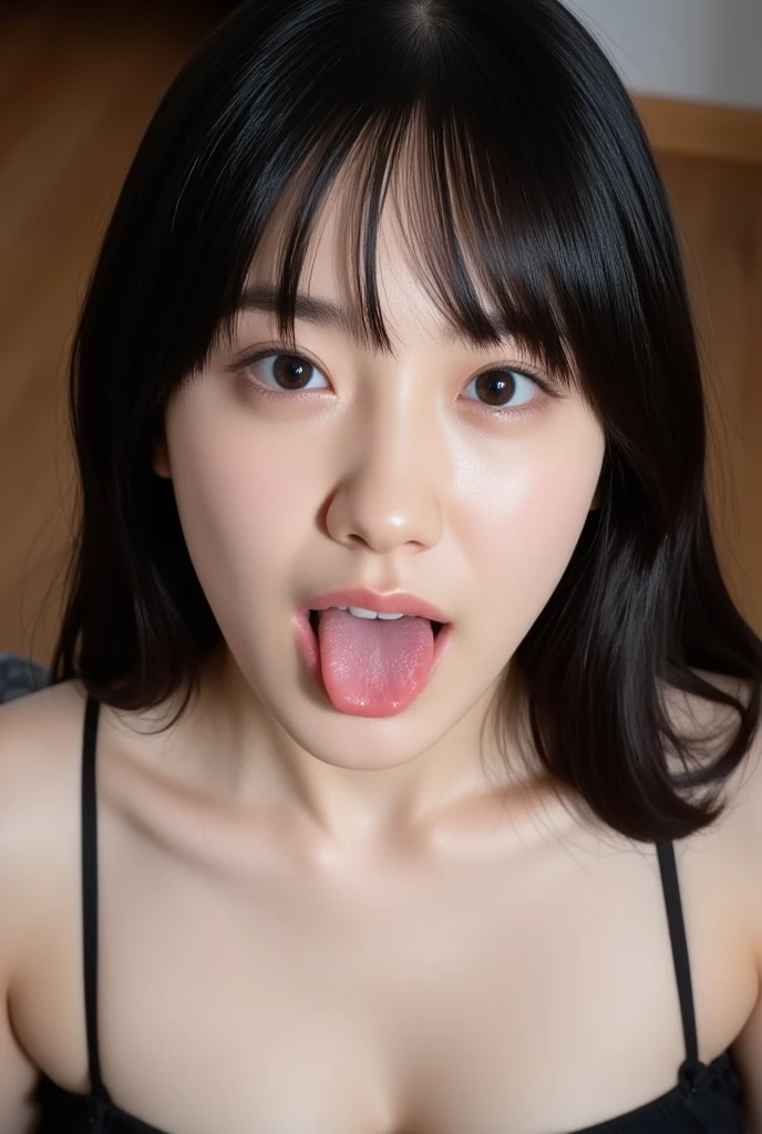 Highest quality、masterpiece、8k、Very detailed、Realistic、One girl、Eyes closed、(Mouth wide open with tongue sticking out)、(I'm climaxing)、Black Hair、Short Hair、Small face、Slender、(Saggy big breasts:1.2)、Thin and beautiful legs、narrow and constricted waist,、Completely naked、(Sucking a dick:1.5)、Drooling、Erect nipples