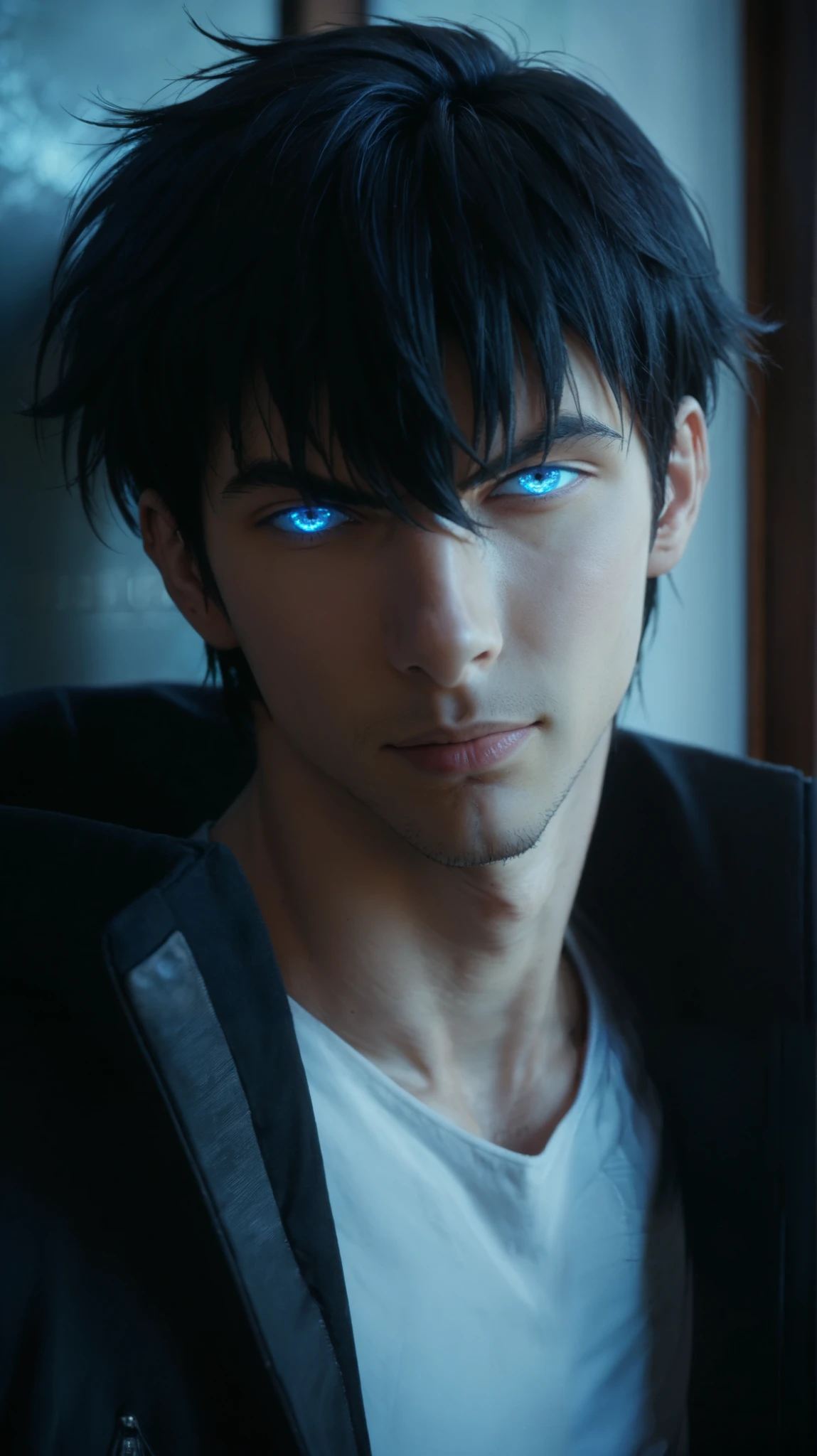 A high-quality anime-style portrait of Sung Jin-Woo from Solo Leveling, with well-defined Korean facial features, a charming yet intense expression, and a confident aura. His deep blue glowing eyes contrast against his messy black hair, which falls naturally over his forehead with a slight side part. His sharp jawline, high cheekbones, and smooth skin enhance his striking visual appeal, blending anime aesthetics with realistic proportions. He wears a sleek black jacket over a fitted white shirt, exuding a subtle but overwhelming presence. A soft smirk adds a touch of charisma to his face, making him look both intimidating and approachable. Dark energy swirls faintly around him, hinting at his immense power. The background features cinematic lighting with cool and moody tones, emphasizing the shadows on his face and highlighting his features. Ultra-detailed anime rendering, cel shading with smooth gradients, dynamic lighting, cinematic composition.
score_9, score_8_up, score_7_up, score_6_up, score_5_up, score_4_up, source_anime, amazing quality, very aesthetic, ultra-detailed, absurdres, newest, volumetric lighting, masterpiece, best quality, best aesthetics, perfect anatomy, perfect proportions, high resolution, good colors, good shading, detailed eyes, perfect eyes, male focus, solo, 1boy, male, portrait, Sung_Jinwoo, black hair, blue glowing eyes, hair between eyes, bangs, side part, textured, muscular male, realistic Korean features, sharp jawline, high cheekbones, charismatic expression, slight smirk --ar 16:9 --v 6 --style raw --q 2 --stylize 750