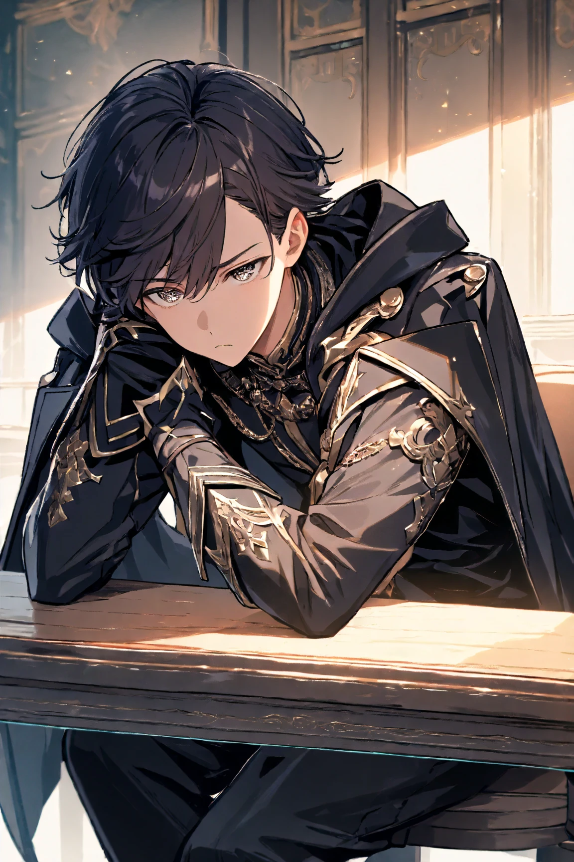 ((big bulge:1.3)), thick legs, ((Zhongli \genshin impact\)), ((masterpiece)), (best quality), male focus, from below, dutch angle, dynamic angle, perfect anatomy, highres, detailed, symbol shaped amber eyes, brown hair, beautiful detailed eyes, jewel-like eyes, sitting, spread legs:0.8, wide shoulders, serious