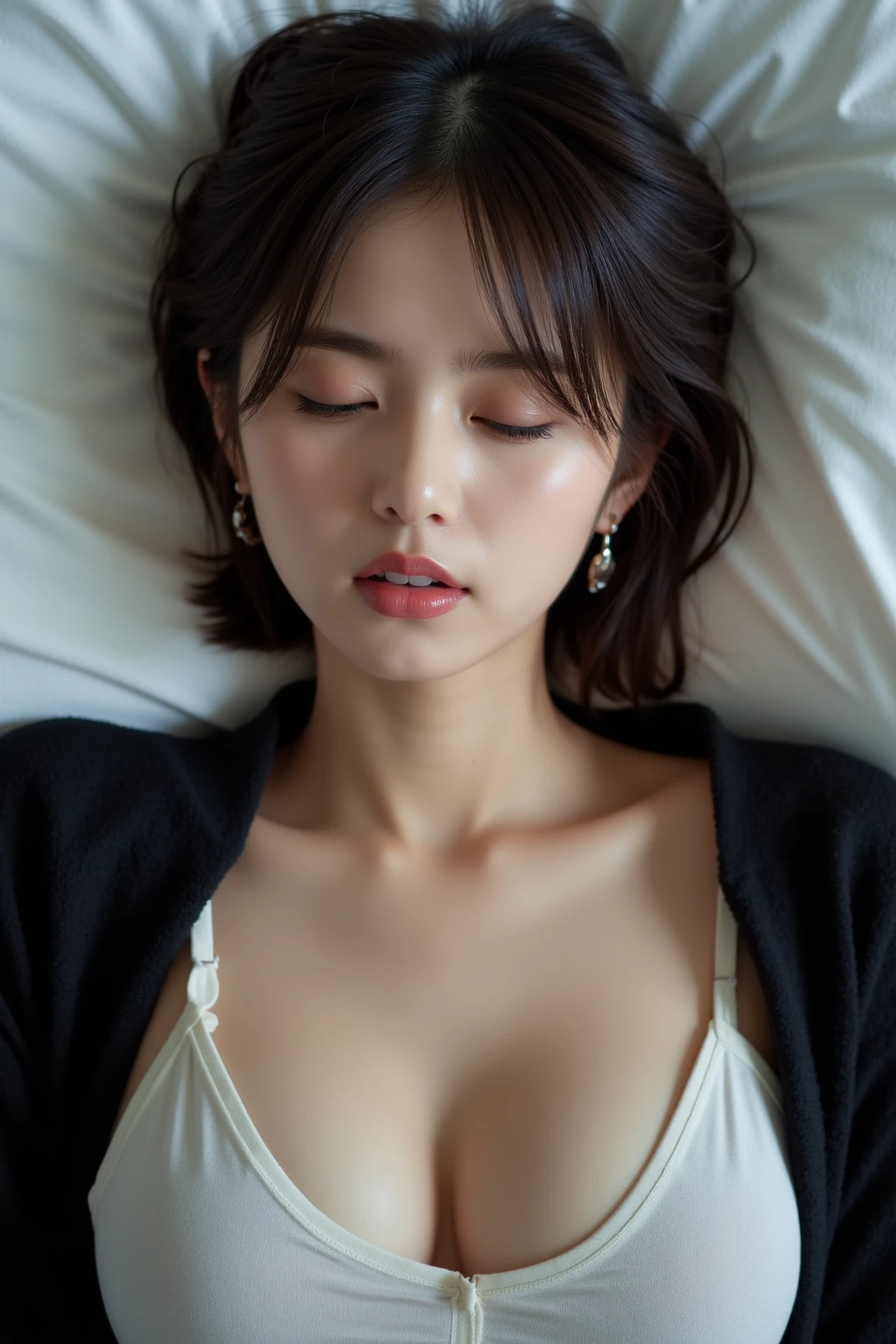 (Highest quality, masterpiece:1.2), Ultra-detailed、Realistic、Photo realistic、Realistic, フォトRealistic、Professional Lighting, Photon Mapping, Japanese women, 29-year-old, Beautiful slender face, (Sleepy look:1.6)、(awaiting tongue:1.2)、(Blowjob　gesture:1.2)、(Open your mouth:1.4)、(Hands to mouth:1.4)、(Upper body photo)、(Facing forward)、(From above:1.2)、(On my knees:1.2)、(Look up:1.4)、White teeth、Medium bust, Very short bob cut、White bra only, In the bedroom