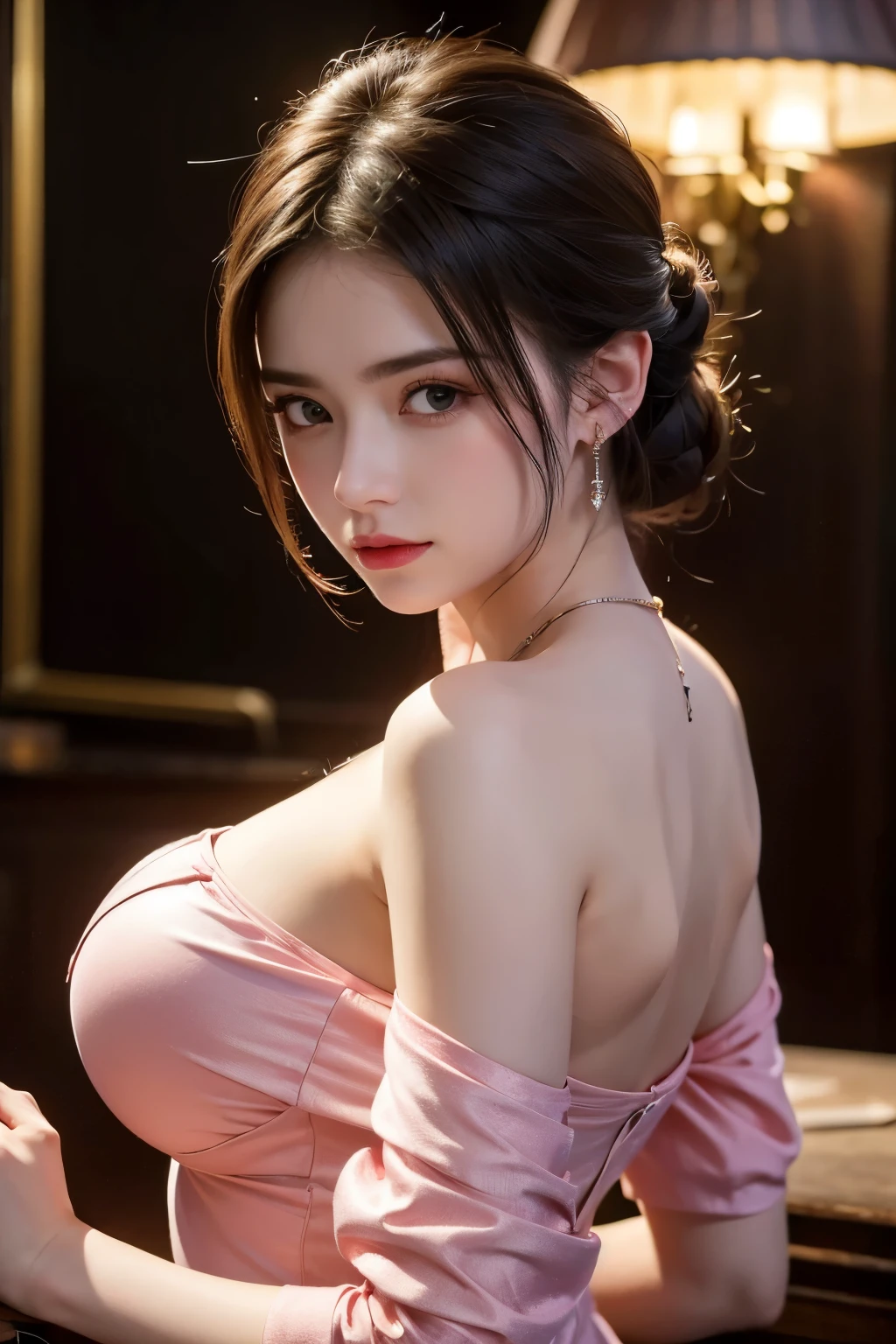 of the best quality, Masterpieces, Ultra High Resolution, ( Realism: 1.4), original photo , 1Girls, Off-the-shoulder pink, Movie Light
