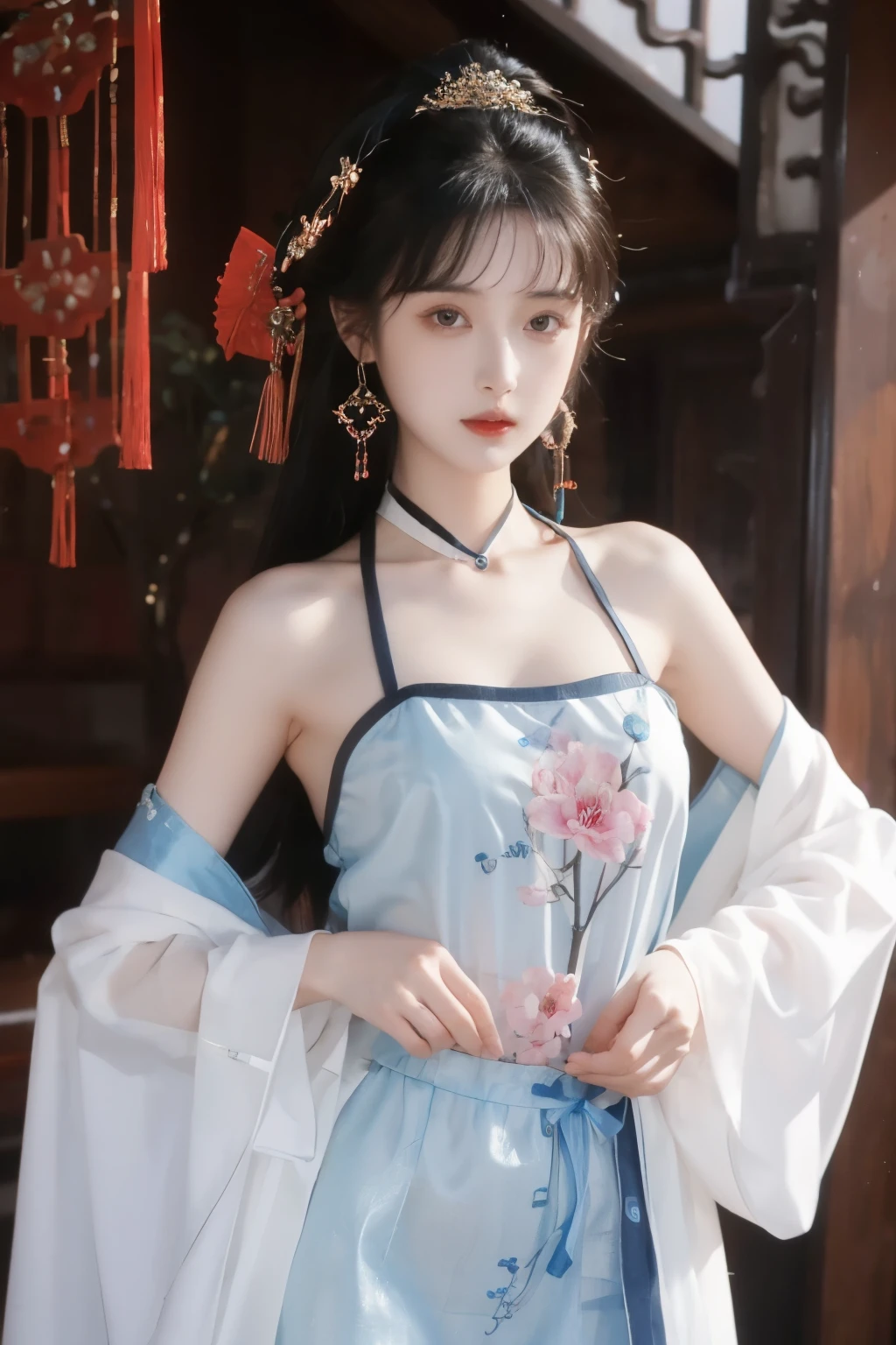 ( masterpiece, Top Quality, best quality, official art, beautiful and aesthetic:1.2), (1 Girl:1.3), flat chest, extremely detailed,(Fractal Art:1.1),(colorful:1.1)(Flowers:1.3),Highest Detail,(dynamic pose), (background:1.3), (traditional Chinese costume:1.2), (Shiny Skin), ( many colors :1.4), ,(earrings:1.1),