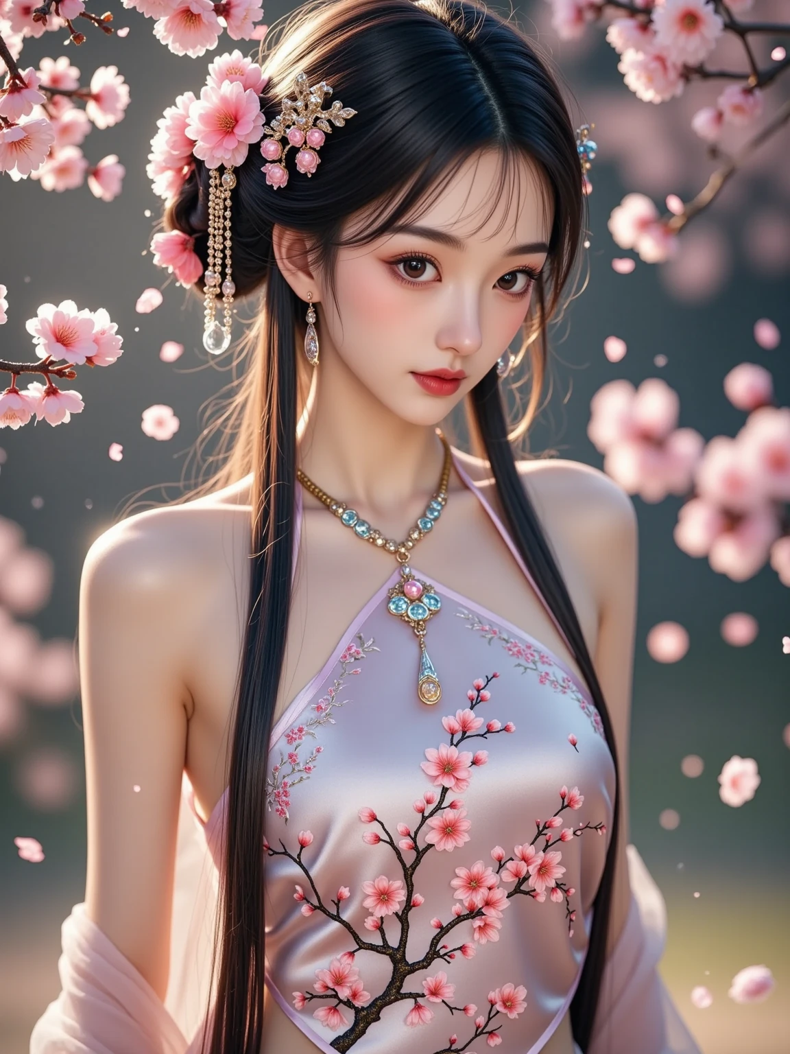 loose outfit、Show shoulders、How to wear a gown with a broken see-through halter neck、Decorated with intricate patterns and bright colors、Transparent material that makes the skin shine、Artistic depiction of seductive woman in gown with wet thin cloth and transparent skin, Floral and fantastic pattern with flowing silky traditional see-through skin。Her dress draped elegantly around her curvaceous figure、Emphasizes her charming silhouette。She's a gentle fireworks night、Dynamic Posing、Sexy Posing、bathed in the soft glow of moonlight。The scene is、With a hint of mystery and sensuality、It exudes an ethereal dreamy atmosphere。The image style is、Incorporates a blend of watercolor and digital illustration techniques.、It makes you feel delicate beauty and charm。Soft moonlit lighting、Cast gentle highlights and shadows on her mesmerizing features。Dynamic Posing、Bold poses、The hand is somewhere、see -through、show through、A sexy、Wet hair、Wet、cherry trees、flower petals、cherryblossom、The cherry tree、Sakura blizzard、buried、Transparent skin、Wet clothes、Chest Pulling、Translucent clothes、On the water、