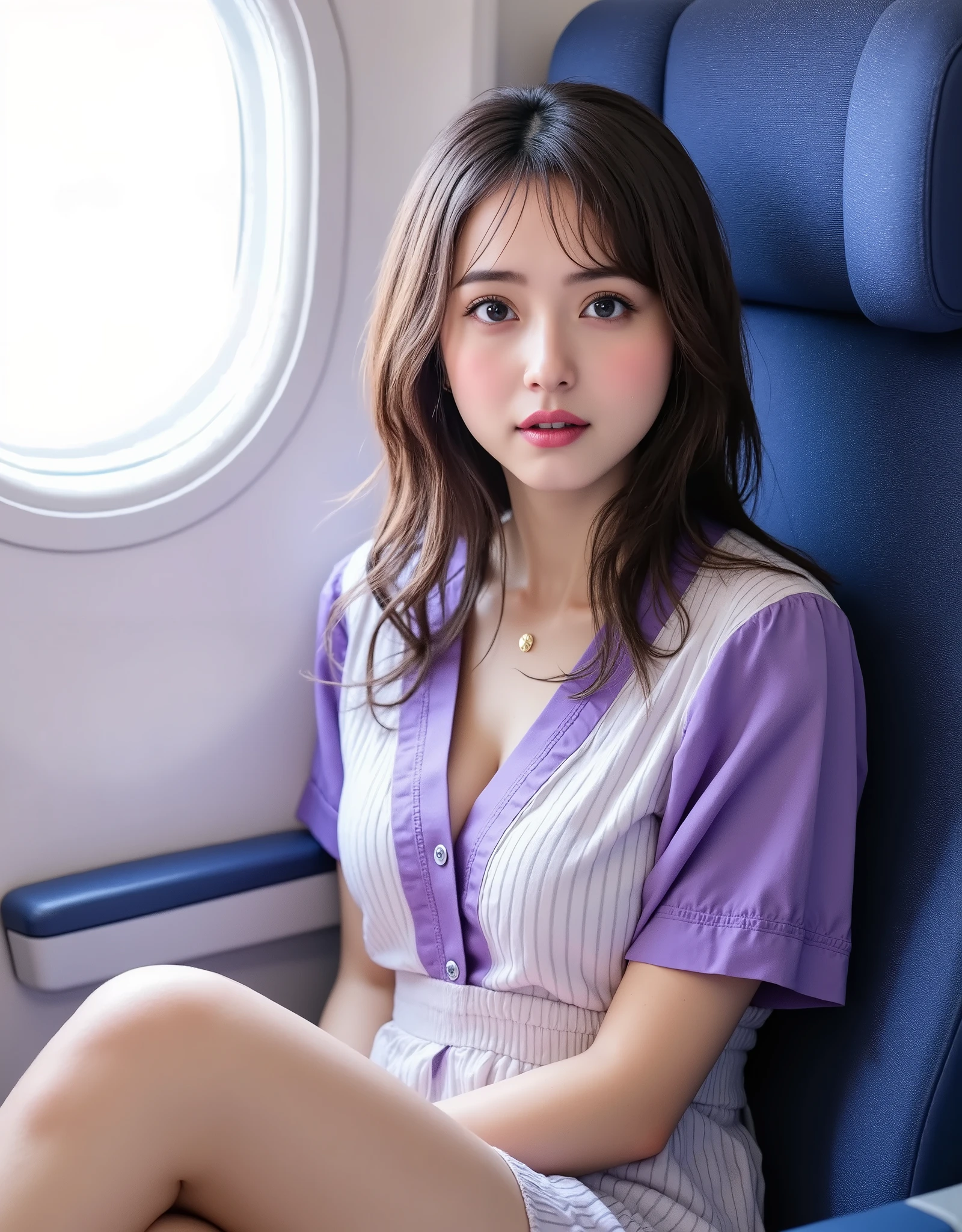 High resolution, ３People Girls, Purple eyes, ponytail, Sticking out tongue, , Highest quality, High-resolution model, Colorful Hair, Large Breasts, Earrings, smile, accessories, Sparkle Effect, abstract, Cabin attendant、plane、In-flight、Airport Mask, 8k octane, excited, OL