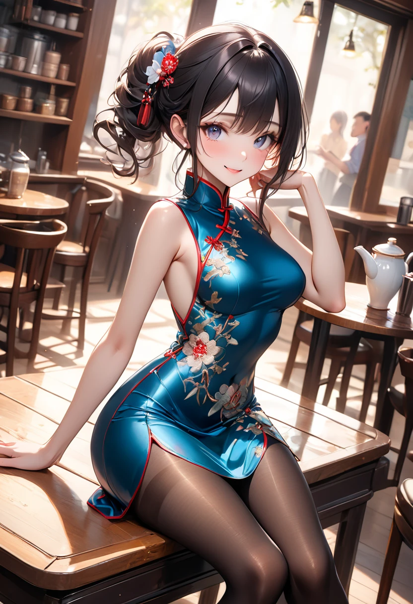 (top-quality、in 8K、32K、​masterpiece、nffsw、ighly detailed:1.2)、sideshot、Full body, blue open sky、Chinese towns、beauitful face、blurry backround、20-year-old beauty、shinny skin、black colored hair、Bun hair、Blue eyes、Chinese clothing、Floral hair ornament、raise arms、miscievous smile、thighs thighs thighs thighs、On all fours、PAW Pose、