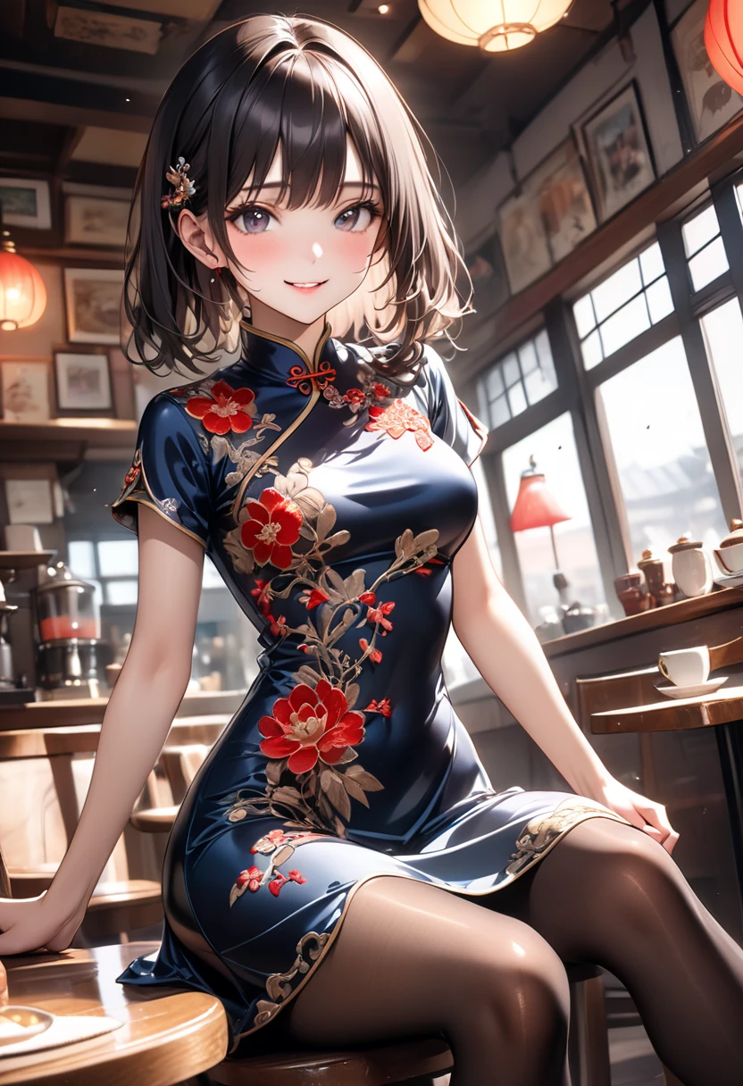 A young woman, red cheongsam, seductive figure, standing, indoor