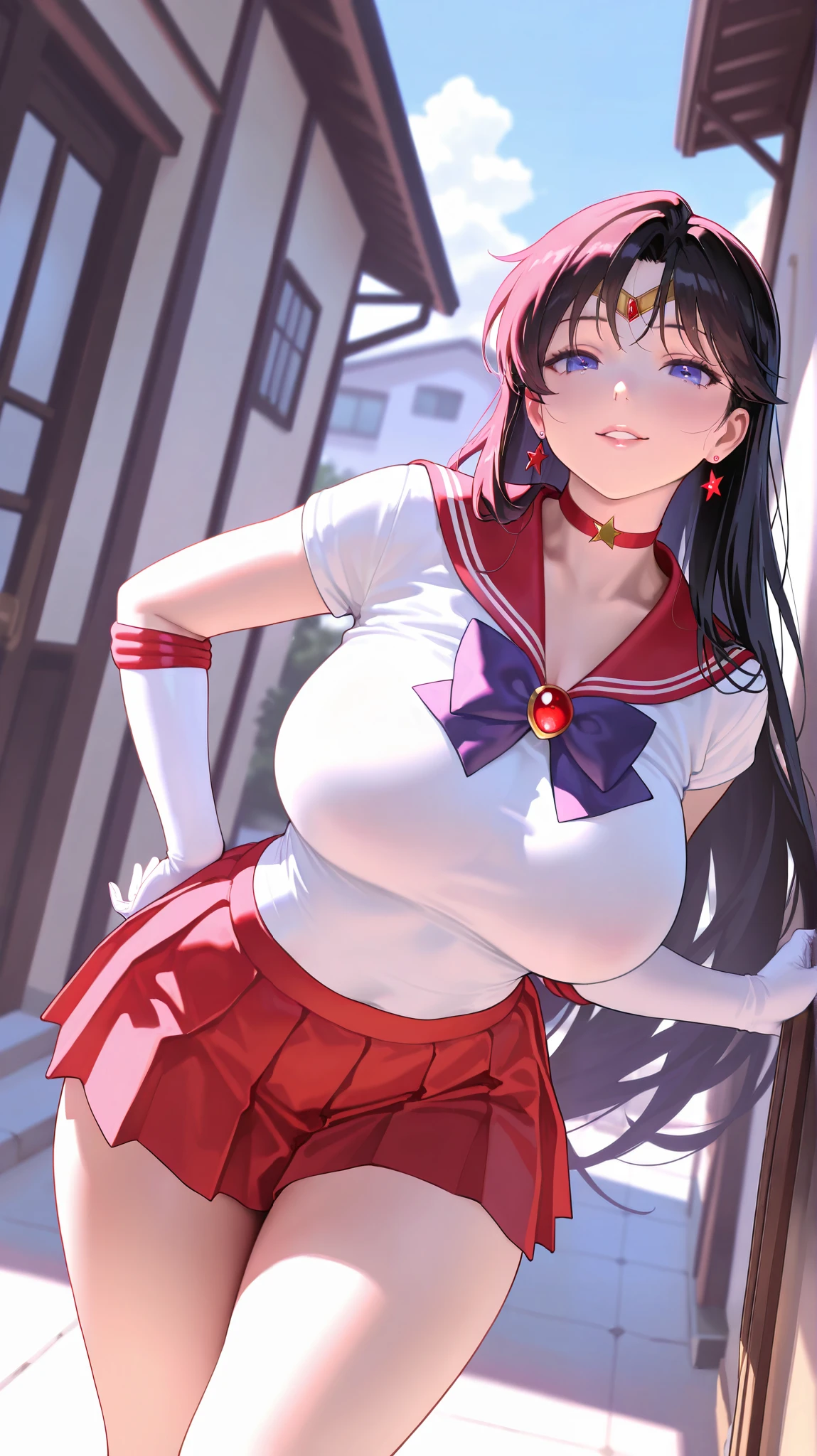 (highest quality, masterpiece:), ultra-high resolution, shoot from behind:1.5, looking back:1.5, night, in the pool bar, squatting, spread legs, Korean photo model, young and beautiful gravure idol, 28 years old, tight, wearing a red color of Sailor Moon Outfit, mini skirt, white panties, high leg, gigantic breasts, puffy nipple:1.4, skinny, bangs, long hair, light brown hair, hair slicked back:1.5, gorgeous earrings, beauty, victory smile, mature woman,