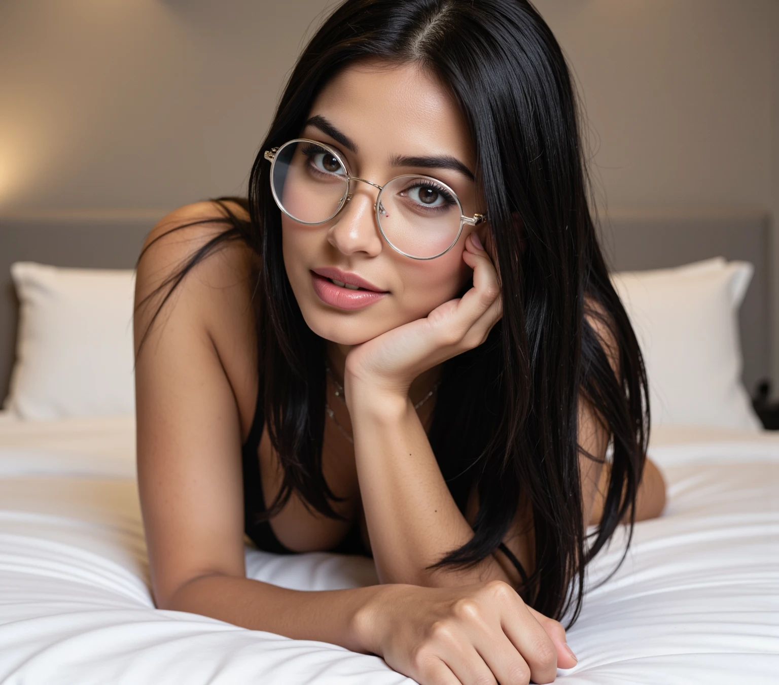 A white Brazilian woman with long black hair and glasses lying on her stomach wearing red lingerie.