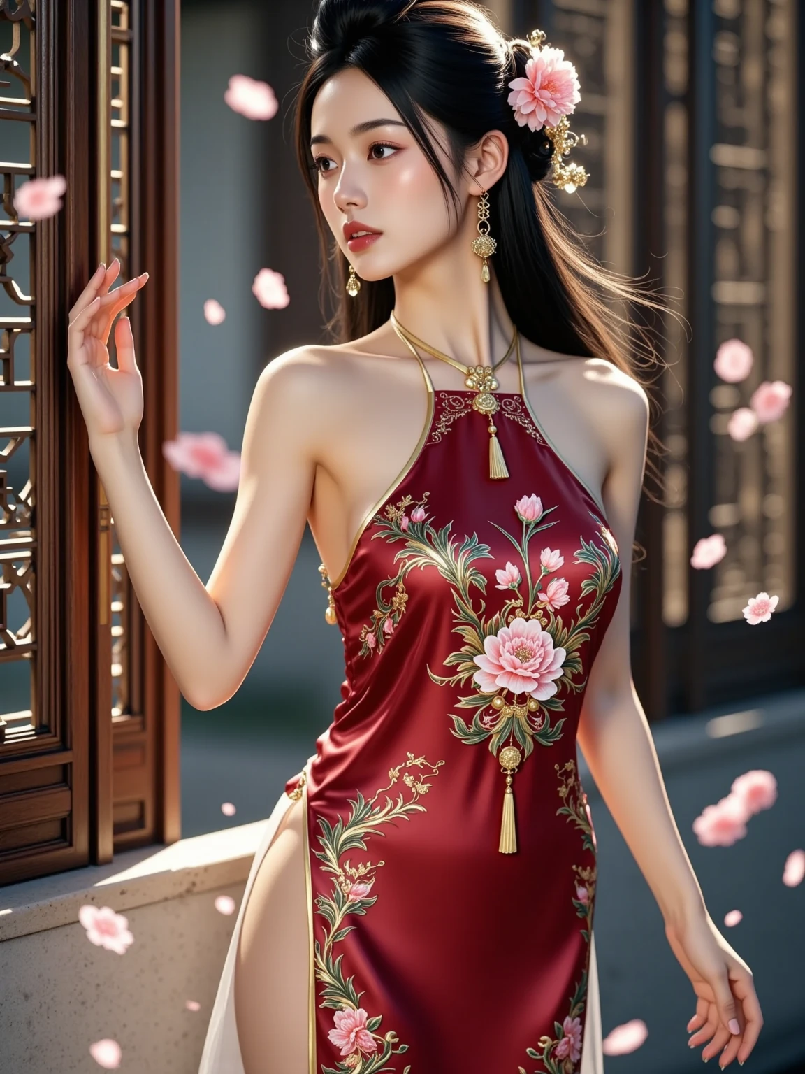 ((((((Small chest))))))、(((((My chest is visible))))),(((Open the chest of the costume with both hands、Showing her breasts to me))),1 girl,Japanese,23 years old,woman,Brown long straight hair,Detail face,Detail lips,Details,double eyelid,Wet body,perfect body,Trained abdominal muscles,Shiny skin,Highest quality,日本のwoman一人,diamond,Earrings,((masterpiece、Highest quality))、Detailed face、sexy japanese model、(((A pink Chinese dress with beautiful embroidery..3)))、Wearing a sexy Chinese dress、depth、1 Girl、Synmatic Lighting、抜群のスタイルを持つwoman、High heels、セクシーなwoman、Sexy legs、Attractive beautiful legs、Naughty legs、smile、Sexy Costumes、White lace panties、Chinese temple in the background