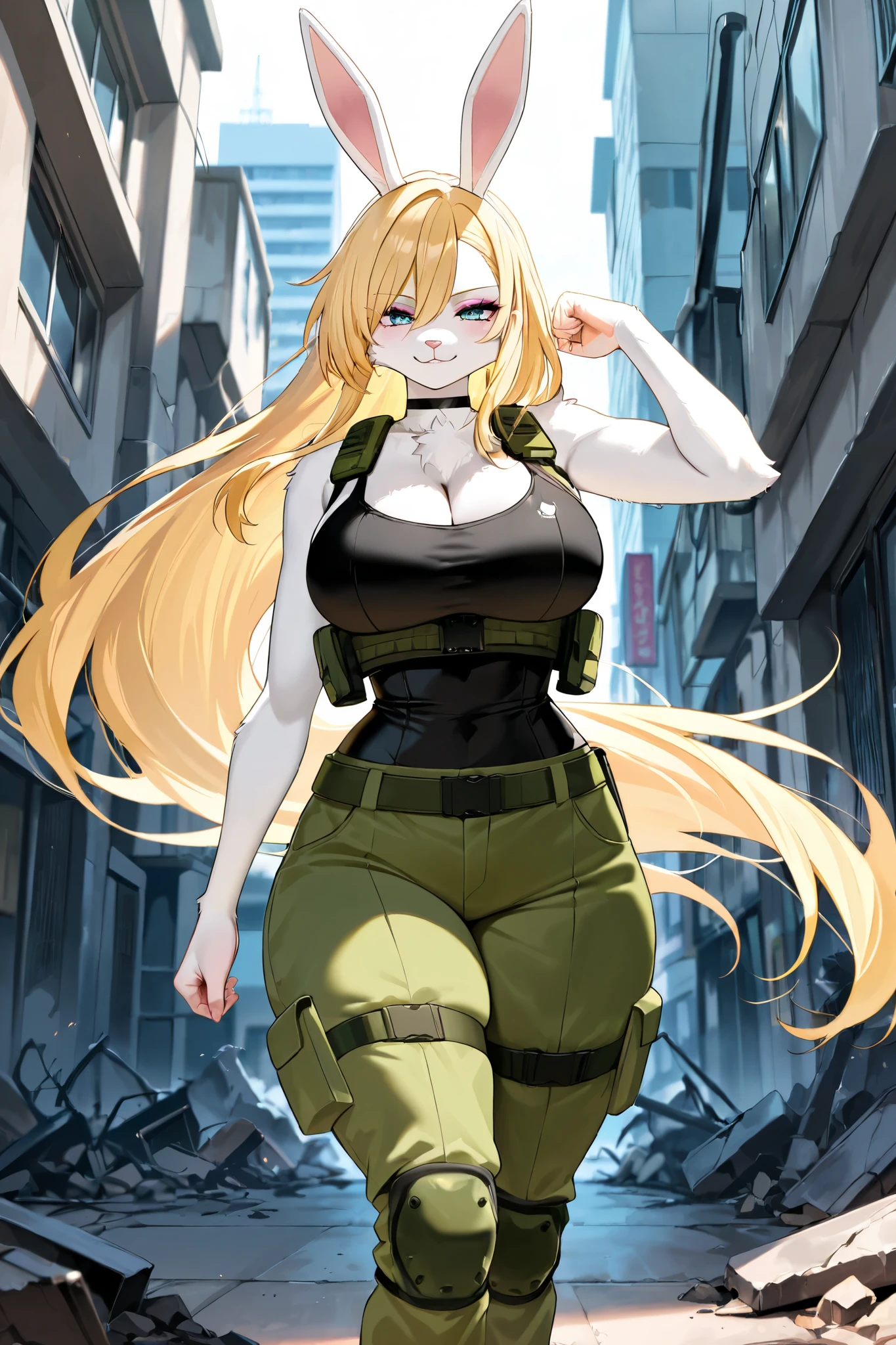 (((Tsunade))), ((Alta qualidade)), ((shadowy lighting)),apocalyptic city, uma mulher zumbi, cabelo longo preto, uniforme da policia azul, black pants, policial, cabelo preto, olhos azuis, ((panoramic pose))