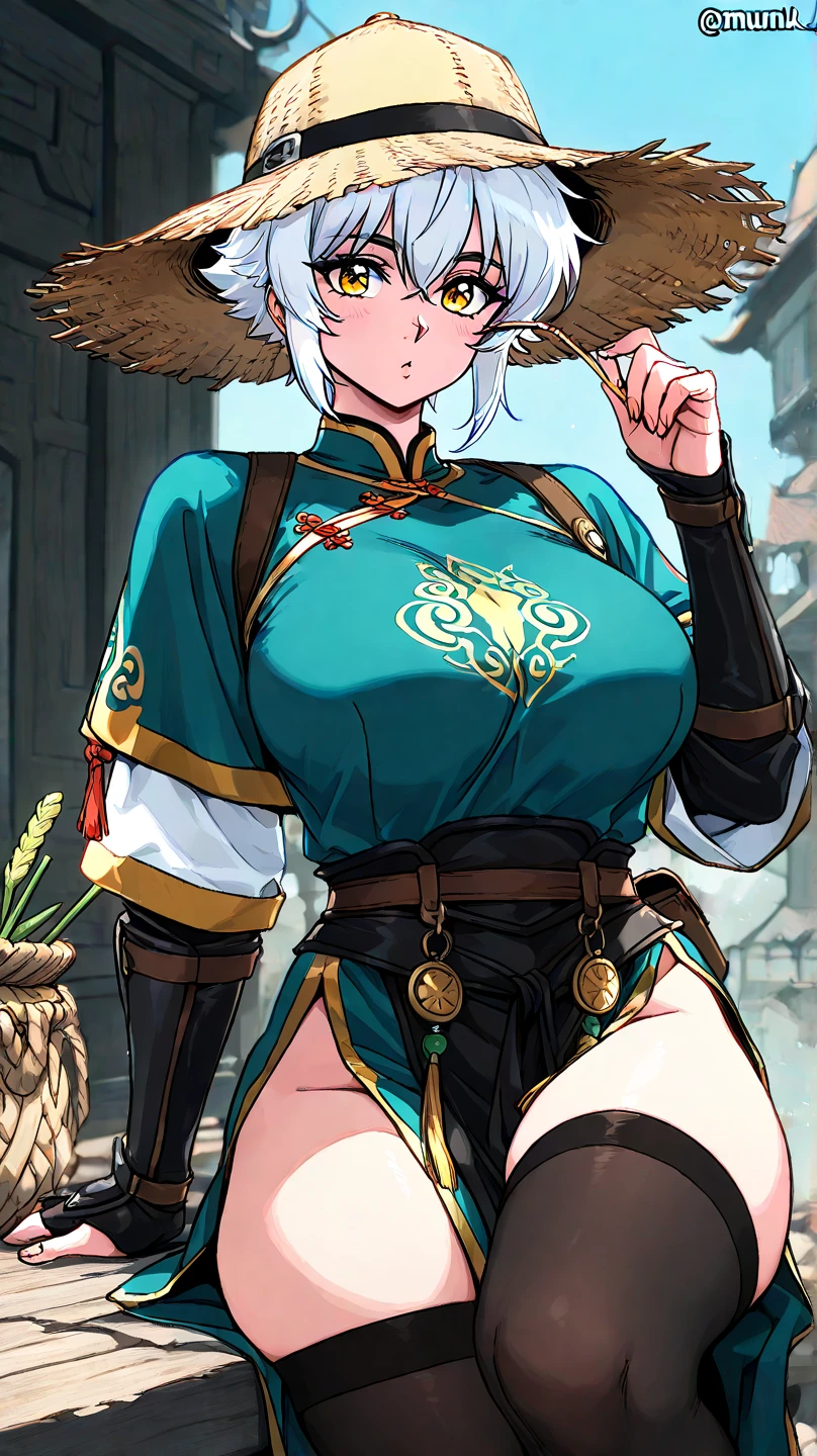 uma jovem mulher, lindo, cabelo longo e liso com rabo de cavalo, cabelo loiro, olhos verde-esmeralda, pele branca, rosto detalhado, curvy body, Seios pequenos, quadris largos e coxas grossas, Green Chinese dress with yellow patterns, ajustado, escote, erotic.