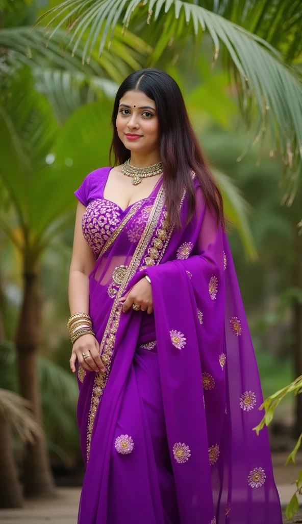 (((((((A)))))))half body of confident-looking Bangladesh woman with long and thick hair, (masterpiece, best quality:1.2), ((((((solo)))))), ((((((1girl)))))), ((looking at camera)), hazel eyes, a smile on the face, royal and lusty look, standing posing like a professional model for a photoshoot, (((Huge Boobs))), perfect composition and light, hyper realistic skin texture, super background decorations detailed, 8k, high quality, trending art, trending on art station, photo, intricate details, highly detailed, ((((Cropped Breast Wear)))), (((Meadows Hills background)))), (((wearing a bright colour Saree with designs and patterns with sleeves))), (((((big sexy body shape))))), (((Meadows Hills background behind her))), (((Portrait Fashion Photo))), hair bobbles, wince, solid circle eyes, light smile, ear blush, fang, ccurate, makeup, hairband, dark blue hair, double bun, Surrealism, drop shadow, anaglyph, stereogram, tachi-e, pov, atmospheric perspective, glowing light, backlighting, ray tracing, image fill, anaglyph, stereogram, scanlines, speed lines, silhouette, vignetting, 8k, super detail, best quality, fill background with nature, trees, flowers, 