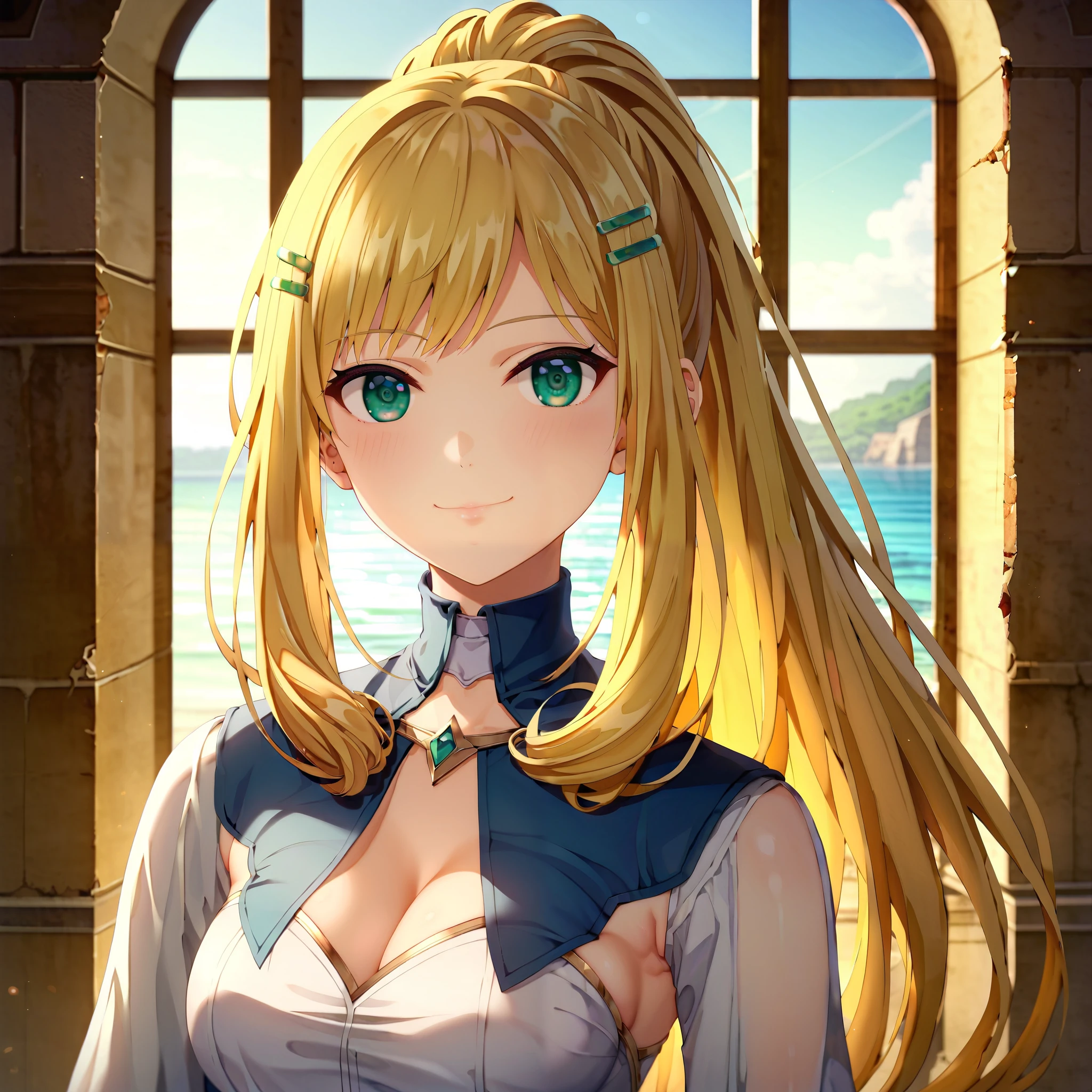 score_9, score_8_up, score_7_up, 1girl, solo, , ,, melia antiqua,medium hair, teal eyes, ruins and water background ,blonde hair,golden hair,perfect hair,glossy hair,smooth hair,shiny hair,,detailed hair,cowboy shot,slim body,small breast,young face,delicated face,delicated body,full body,cowboy shot,perfect body,perfect legs,perfect waist,slim body,ponytail,shiny eyes,,delicated face,delicated body,young girl,very light smile,,platinum blonde hair,upper body,(round face)、(Brighten your face:0.7)、(大きな green eyes:1.0)、 teal、(round face)、
( straight hair:0.8)、( long blonde)、bangs、( hair clips )、
( detailed face:0.7)、(high nose:0.7)、(smile:1.0)、幸せそうなsmile、
beautiful breasts、Round Breasts、 PERFECT FIVE FINGERS 、
(fair skin)、 Delicate Smooth Skin 、 beautiful skin、
