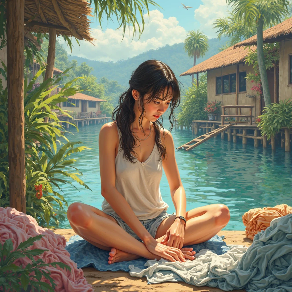masterpiece, best quality,
oil paint by jean leon, a beautiful brunet woman in a purple loose tank top standing peacefully in a big open home with big windows, hard morning lighting, house with beautiful plants and scenery, and a tiger and waterfall.