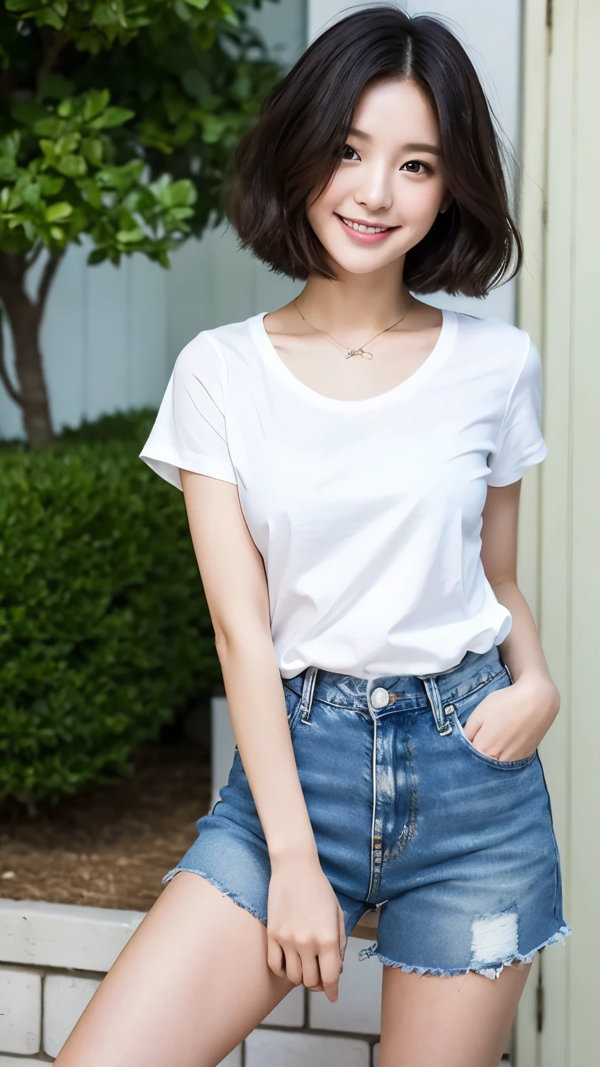 Children 13 years old、1 Beautiful girl、So cute、White shirt、denim shorts、細くて長い脚