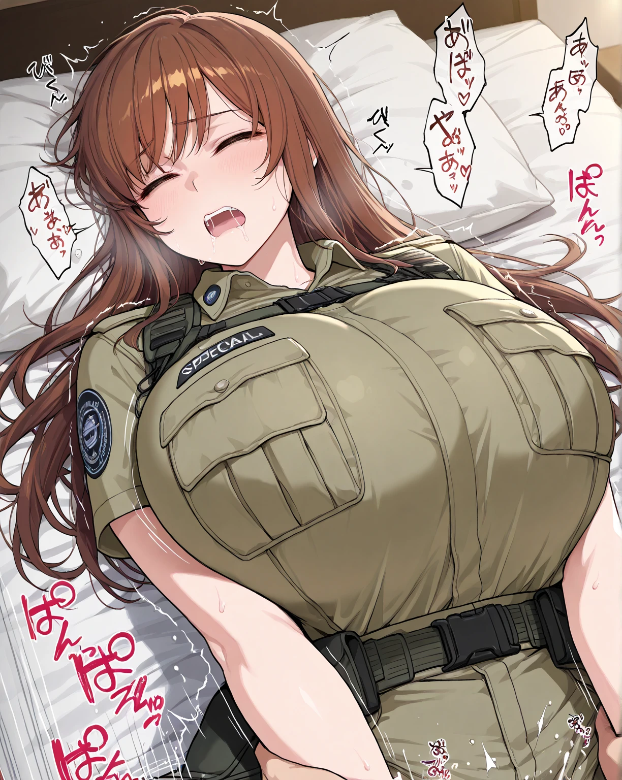 Beautiful, masterpiece, Best Quality, ultra-detailer, many ruins, hide behind a desk, hide oneself, hide behind a desk,sitting, on one knee gun, camouflage, holding, gloves, solo, 1girl, military Breastfeeding Clothes, camouflage skirt, camouflage jacket, long hair, twin tails, trigger discipline, green eyes, brown hair, tactical clothes, boots, pregnant,One breast out,nipple,huge breasts