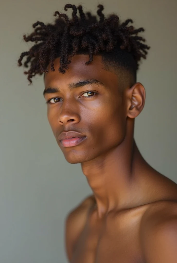 brown skin man ,with deep brown eyes, full mouth, medium straight nose, shaved curly hair , thick eyebrows but not very marked, slim toned body with comfortable clothes