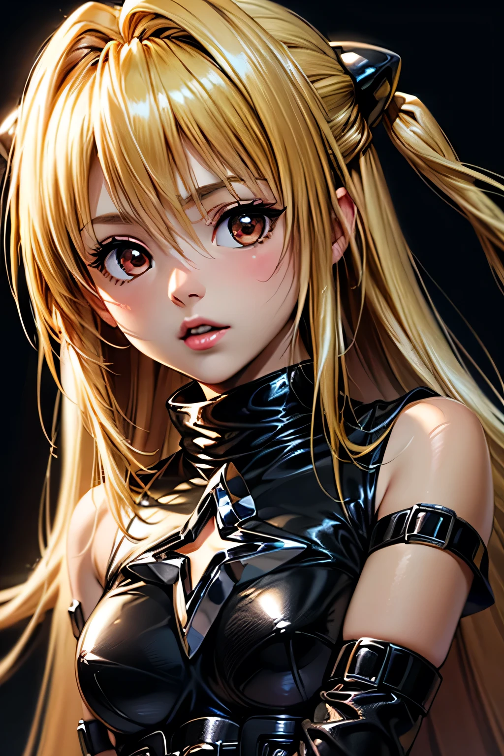 anime, Mujer, solamente, Cabello largo, They are smiling, debajo de los senos, cabello rubio dorado, cabello lacio desordenado, cabello encrespado, ojos amarillos dorados, cuerpo completo, Orejas de caballo, Conjunto de punk rock,