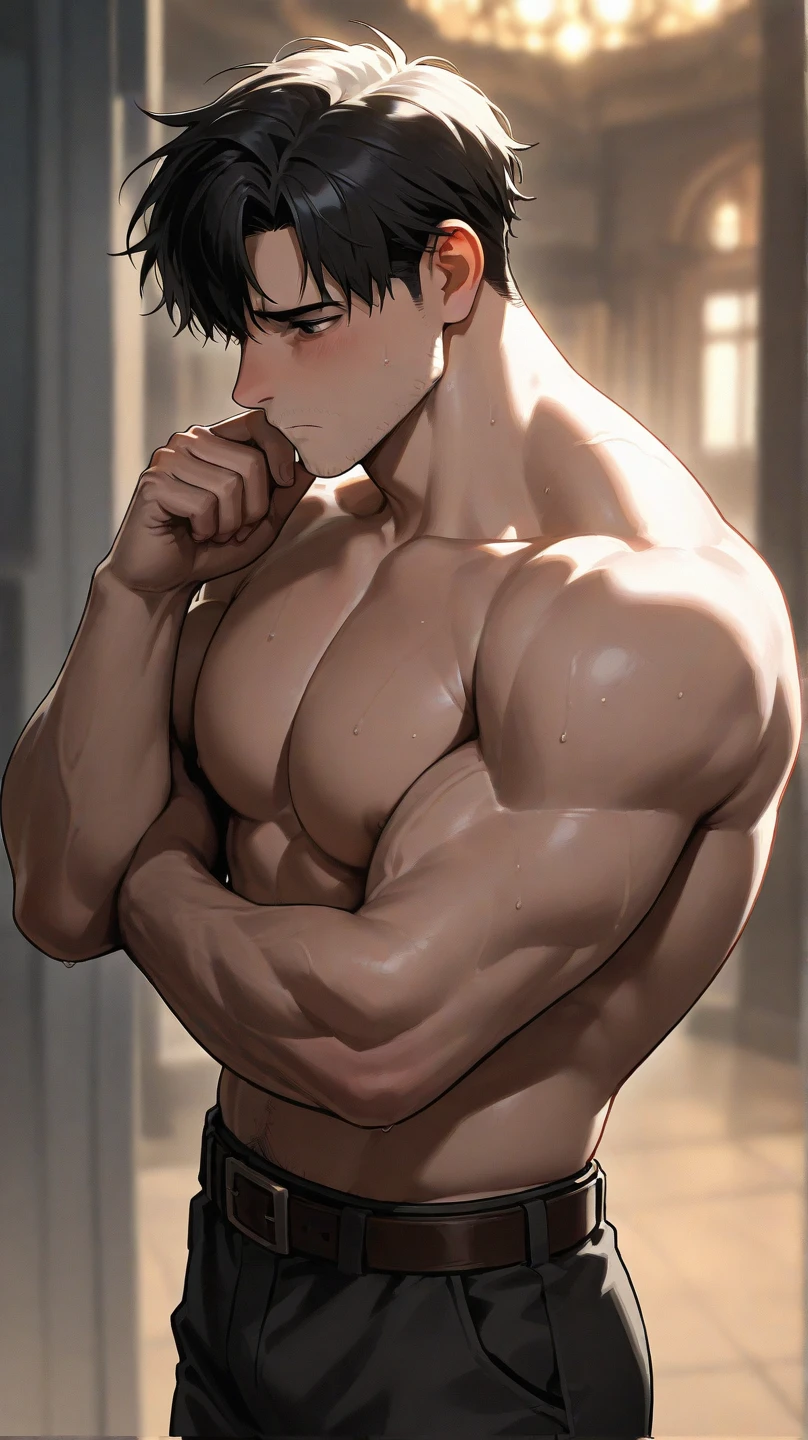 Description: Generate an image of a tall, muscular man seen in profile from the side. He is shirtless, showcasing his well-defined muscles. The background should be simple yet elegant, allowing the focus to remain on the man's silhouette. The man should have a serene yet confident expression on his face.

Pose: The man is standing sideways with his body facing the camera. One hand rests gently on his chest, highlighting his muscularity, while the other hand is placed on his hip. His posture is upright, emphasizing his tall stature, and he has a calm and composed demeanor.

Additional Details: Please ensure that the lighting enhances the contours of his muscles, casting shadows to accentuate his physique. The overall mood of the image should convey a sense of tranquility and confidence, capturing the beauty of the man's profile.
