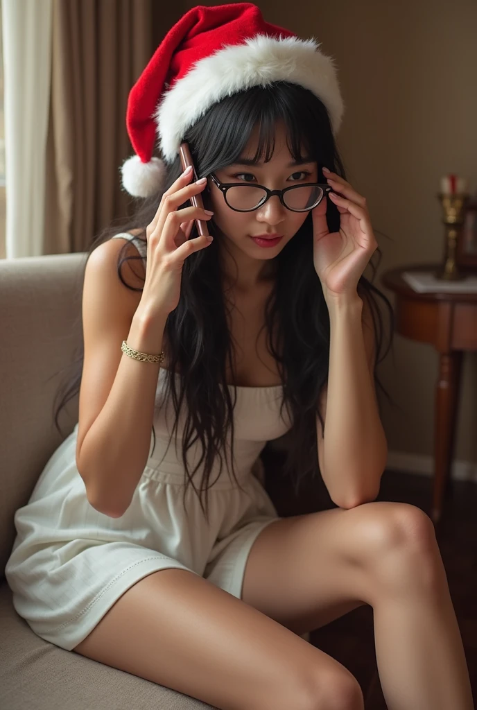 hair bobbles, wince, longeyelashes, solid circle eyes, light smile, ear blush, fang, ccurate, Surrealism, drop shadow, anaglyph, stereogram, tachi-e, ass pov, atmospheric perspective, 8K, super detail, best quality, best quality, high details, uhd, anatomically correct, retina, textured skin, masterpiece, accurate, super detail, award winning, high quality, highres,Woman in red hat and glasses holding a book,Silver Hair,She wears Harry Potter glasses, Maya Ali as morality&morality sorceress, Holding a spell book, Dress up as a witch, morality&morality magician, Wearing a red wizard hat.