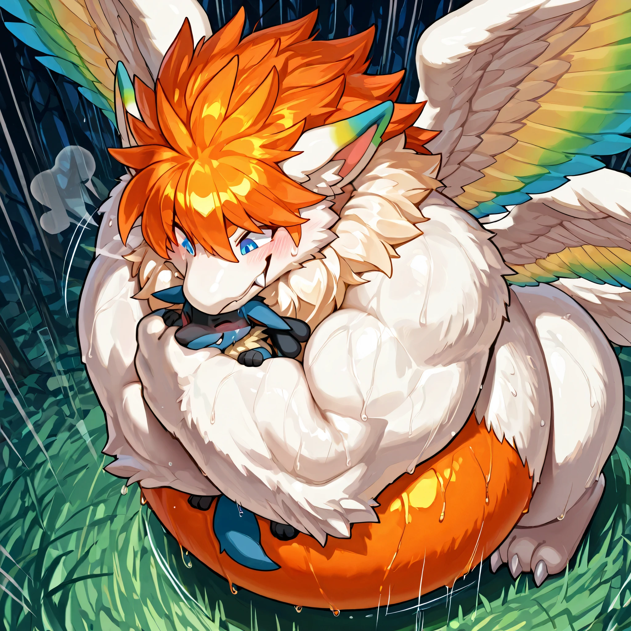 giant feral flammie_mana, small lucario, bearhug, [flammie_mana:furred dragon, neck fur, orange hair, blue eye, orange underbelly, feathered Wings, color tipped wings, four wings, hugging, carrying person, heavy weight bulky giant, massive strong large body, thick arms, venis popping, large belly, looking down, evil smile, large fangs, sweaty, steamy breath],  [lucario:arched back, head between arms, close eyes, pain, blush], size difference, motion blur, motion line, dark forest background, from above