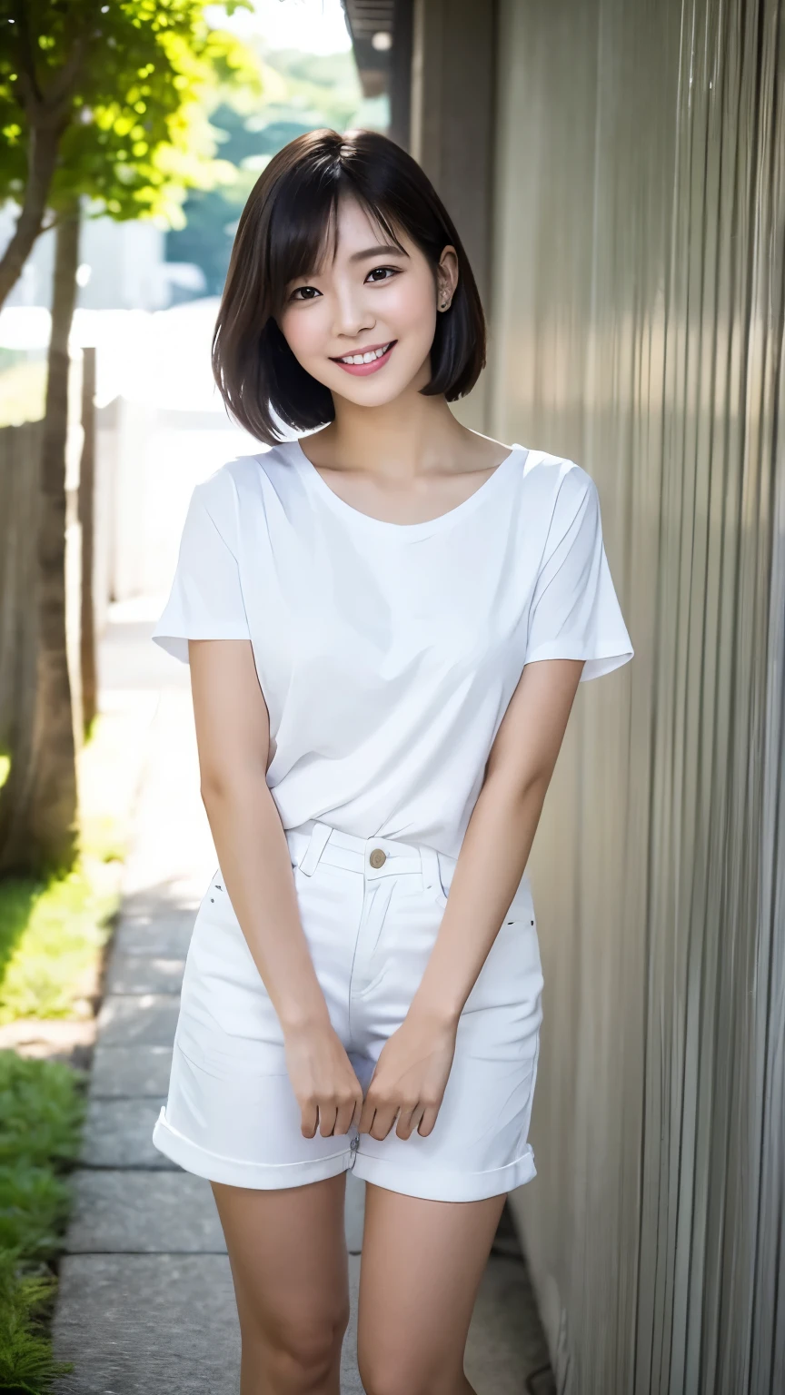 neat college girl、petite person、(student clothes、summer clothing、shortsleeves)、Outside the field、(Slimed、small tit、flat boobs、small boobs)、Photorealsitic、detaileds, Skin texture, ultra-detailliert、Delicate and sexy collarbone、a smile、Super detailed face、detailed lips、A detailed eye、二重まぶた、Sitting on legs bending the knees、squatting、White panties are visible from the skirt、sexy pose、Shorthair with bangs、Straight Bob Hair、