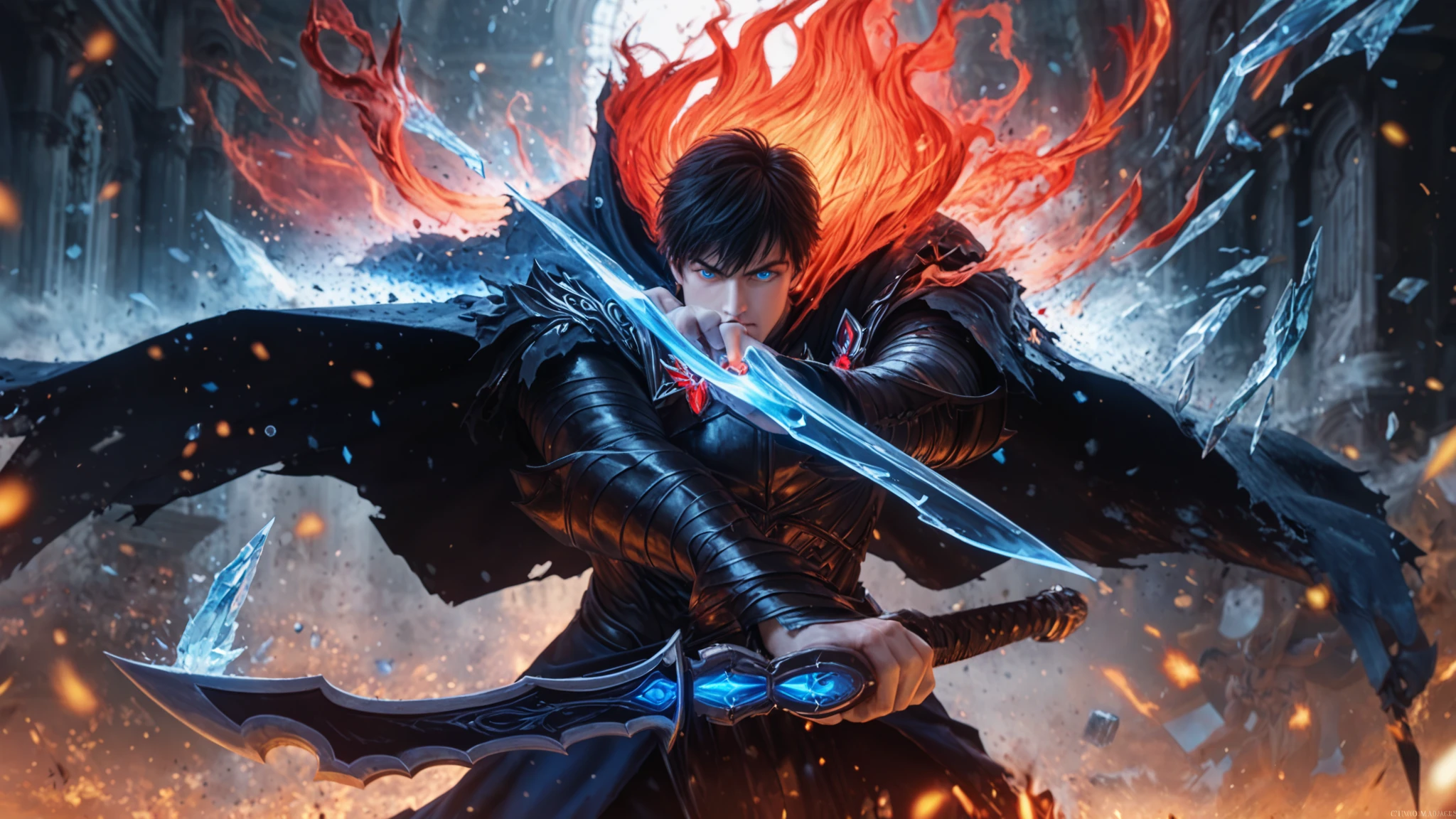 Sung Jin-Woo from Solo Leveling, in his Shadow Monarch form, wielding two deadly black and crimson daggers with a menacing stance. His glowing blue eyes pierce through the darkness, his black, tattered cloak flows dramatically behind him. His muscular arms are wrapped in white bandages, gripping his dual blades tightly. The scene is filled with shattered ice and floating embers, creating a high-intensity battle atmosphere. A massive, shadowy demonic figure looms in the background, its red eye glowing ominously. The cold, blue lighting contrasts with the fiery red glow, enhancing the dark and epic atmosphere. Ultra-detailed anime rendering, cel shading with smooth gradients, cinematic lighting, dynamic shadows, highly dramatic composition, intense motion blur, extreme close-up shot.
score_9, score_8_up, score_7_up, score_6_up, score_5_up, score_4_up, source_anime, amazing quality, very aesthetic, ultra-detailed, absurdres, newest, volumetric lighting, masterpiece, best quality, best aesthetics, perfect anatomy, perfect proportions, high resolution, good colors, good shading, detailed eyes, perfect eyes, male focus, solo, 1boy, male, Sung_Jinwoo, black hair, glowing blue eyes, hair between eyes, bangs, side part, textured, muscular male, Shadow Monarch form, dual wield, black and crimson daggers, battle stance, torn cloak, energy effects, ice shards, red glow, dark fantasy, cinematic action --ar 16:9 --v 6 --style raw --q 2 --stylize 750