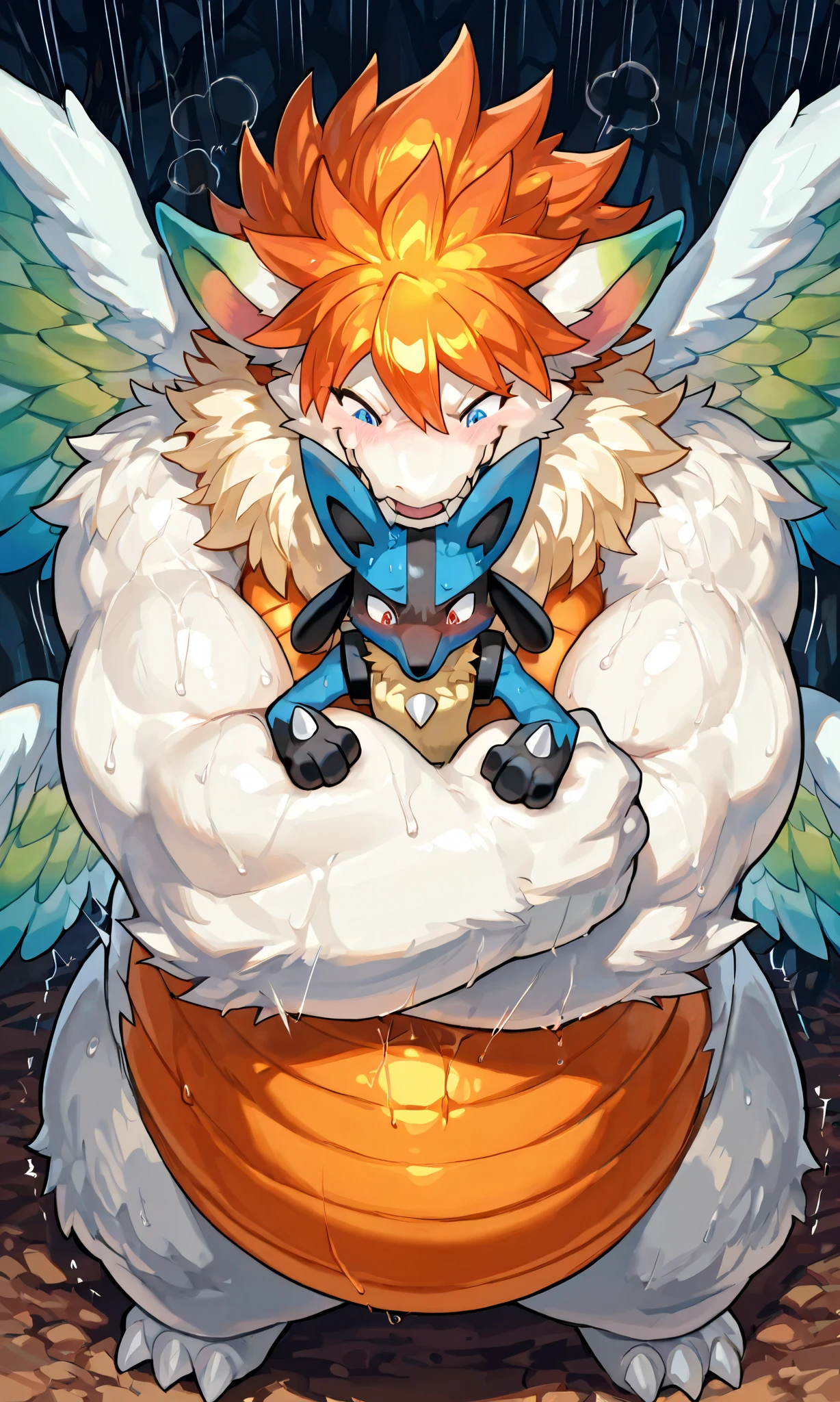 giant feral flammie_mana, small lucario, bearhug, [flammie_mana:furred dragon, neck fur, orange hair, blue eye, orange underbelly, feathered Wings, color tipped wings, four wings, hugging, carrying person, heavy weight bulky giant, massive strong large body, thick arms, venis popping, large belly, looking down, evil smile, large fangs, sweaty, steamy breath],  [lucario:kissing, face to face, arched back, head between arms, close eyes, pain, blush], size difference, motion blur, motion line, dark forest background, from above