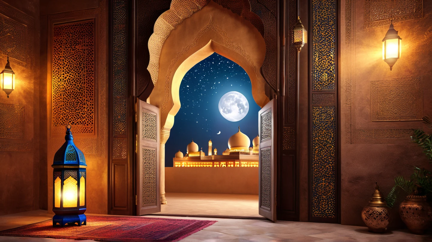 Door way, morrocan interior,islamic lantern shining bright in the dreamy night stars,with view of mosque , full moon shining bright above the moque,positive ,islamic theme,fantacy,magical,4 resolutions, HD,