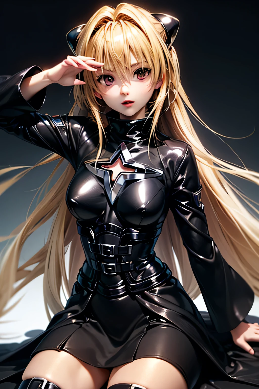 perfect anatomy top quality,highest resolution,(((black dress with metallic luster shiny blond hair shiny skin))) ToLOVEru golden darkness girl