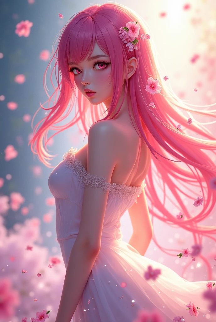 score_9,score_8_up,score_7_up,source_アニメ,(floating) (beautiful) (The breath of spring) (1 Girl) (Pink long hair), (Hair Headband), (detailed and beautiful blue eyes), ((Very short white dress, pink Lace underside), (Lace), ((Light transparent silk))), (Cherry blossom petals), (Butterfly), (Every time), (Volumetric Light)