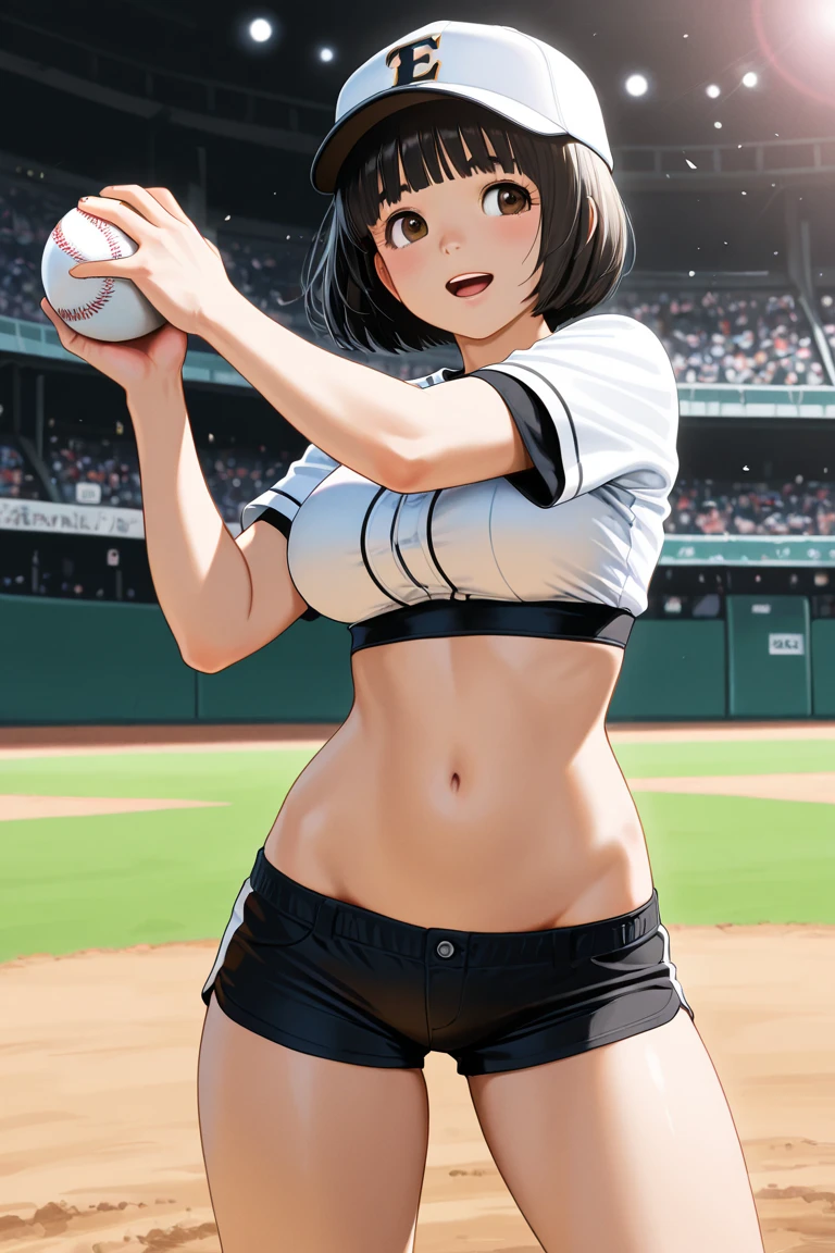 Masterpiece ,best quality , high resolution , ultra detail , colorful , (1 girl solo:1.38) , (Misato katsuragi) , (black eyes, ponytail , purple hair, medium_long_hair, make up, necklace, tall, slim body,) , (wear baseball hat , belly , navel , sport top , sport short , stockings ) , (arms behind back . hands behind back) , (cleavage:1.15) , (big breast:1.1) , (face view , look at view , from behind , back view , head back , looking back ) , (outdoor , Baseball field，race，streamers，victory，celebrate) , (standing , Legs , thighs , cowboy shot) , ( full face blush , shy , smile , open mouth)