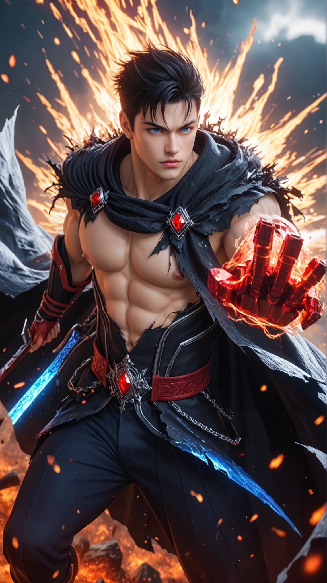 Sung Jin-Woo from Solo Leveling, in his Shadow Monarch form, wielding two deadly black and crimson daggers with a menacing stance. His glowing blue eyes pierce through the darkness, his black, tattered cloak flows dramatically behind him. His muscular arms are wrapped in white bandages, gripping his dual blades tightly. The scene is filled with shattered ice and floating embers, creating a high-intensity battle atmosphere. A massive, shadowy demonic figure looms in the background, its red eye glowing ominously. The cold, blue lighting contrasts with the fiery red glow, enhancing the dark and epic atmosphere. Ultra-detailed anime rendering, cel shading with smooth gradients, cinematic lighting, dynamic shadows, highly dramatic composition, intense motion blur, extreme close-up shot.
score_9, score_8_up, score_7_up, score_6_up, score_5_up, score_4_up, source_anime, amazing quality, very aesthetic, ultra-detailed, absurdres, newest, volumetric lighting, masterpiece, best quality, best aesthetics, perfect anatomy, perfect proportions, high resolution, good colors, good shading, detailed eyes, perfect eyes, male focus, solo, 1boy, male, Sung_Jinwoo, black hair, glowing blue eyes, hair between eyes, bangs, side part, textured, muscular male, Shadow Monarch form, dual wield, black and crimson daggers, battle stance, torn cloak, energy effects, ice shards, red glow, dark fantasy, cinematic action --ar 16:9 --v 6 --style raw --q 2 --stylize 750