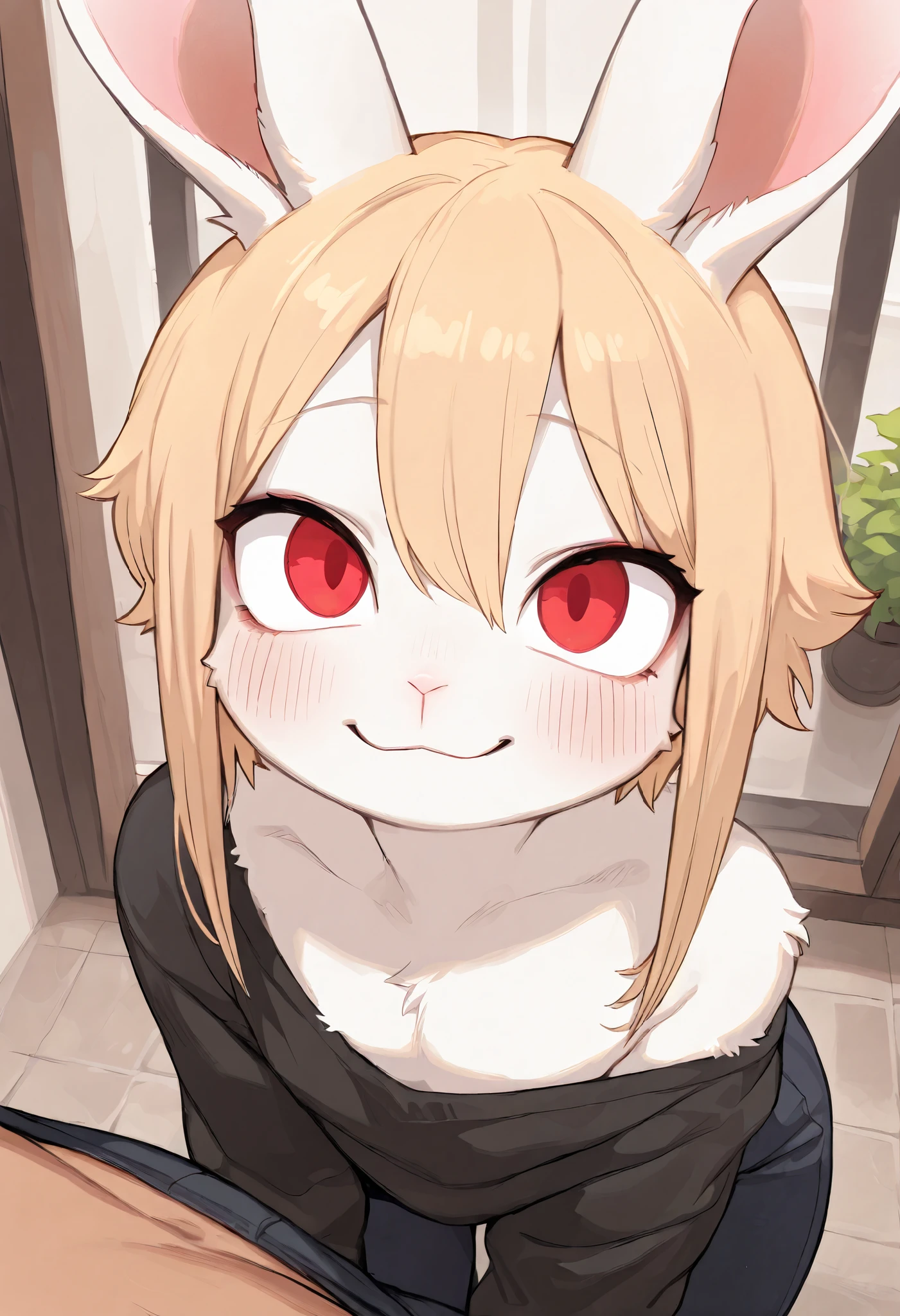 masterpiece,best quality,amazing quality,very aesthetic,high resolution,ultra-detailed,absurdres,newest,detailed fur, face focus, 1boy, rabbit furry, femboy, white fur, blonde hair, short hair, side locks, red eyes, smiling