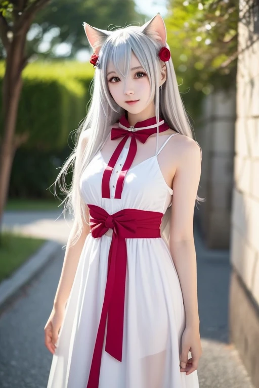 Japanese women、gravure、hair is slightly longer than shoulders、Fair skin、Eyes are large、Long eyelashes。Double eyes。Hair is silver。Eye color is vermilion。Narrow shoulders and 155cm tall。F cup breasts。Wearing a red cloak。Wearing white pantyhose。
Tube top、Pleated skirt、
High resolution、high resolution。