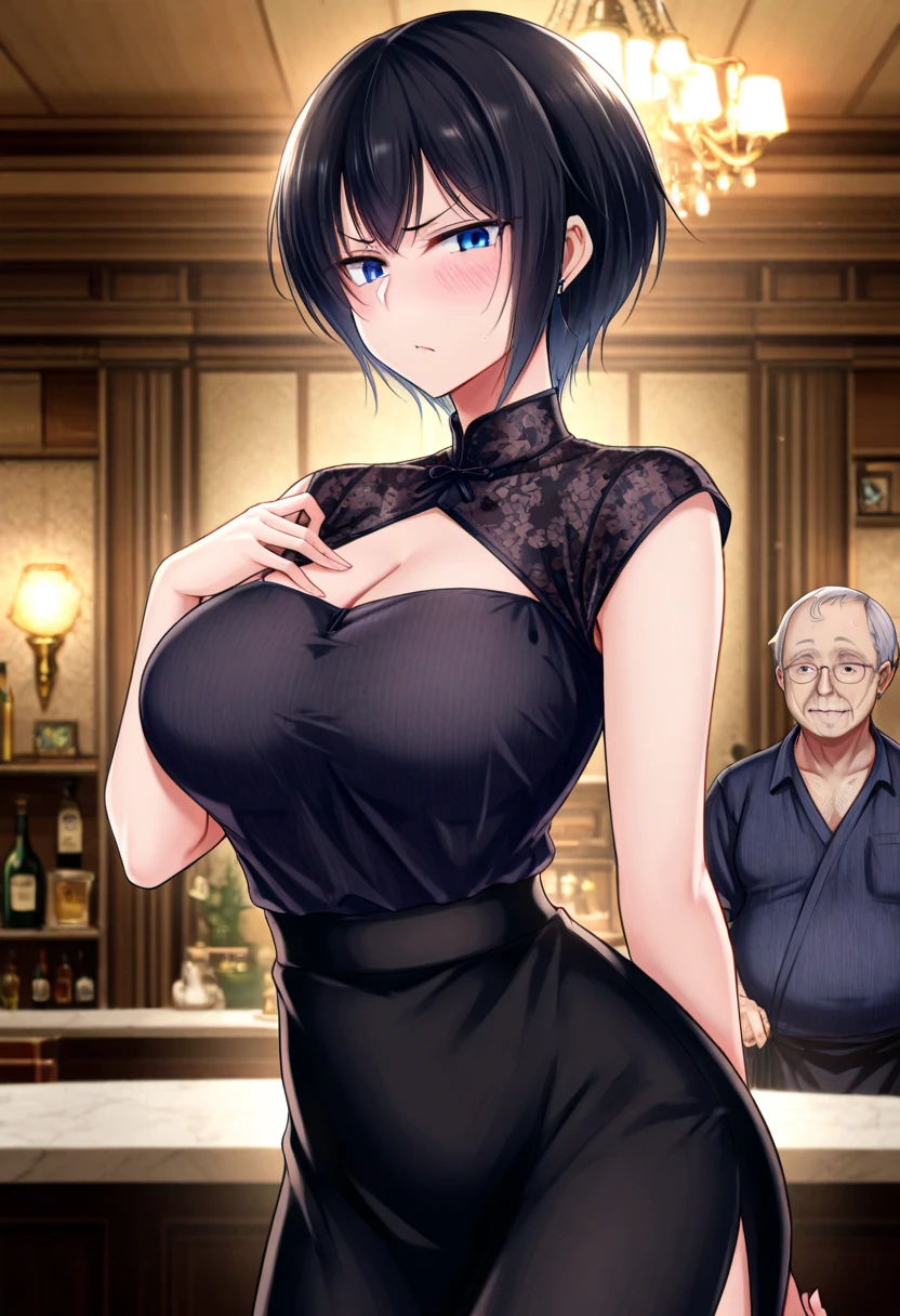nsfw:1.2,8K,high quality,anime,Married women,pale,beautiful,Small face,clean,bright,Eye highlights,beautiful line drawing. Black Hair, White skin, Brown eyes, Fancy black dress, Sleeveless clothing, Arms raised to show armpits, Arms raised to show armpits, Painted from head to belly,