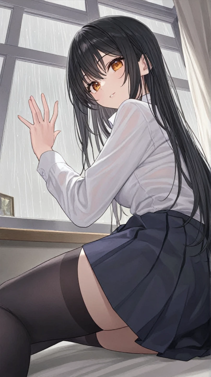 masterpiece, highest quality, One Girl,,(Sleep on your back:1.5), (18-year-old:1.4),Lie in,anime,美的animeの目,smile,alone, Long Hair, (Black Pantyhose), (Black Hair), Straight long hair,Red eyes,(Pleated skirt), Big Breasts,White Hair Band,White shirt, bangs,Bedroom,bed,(Put your arms behind your back),White pillow,(See through:1.3),(Underwear standing:1.4)